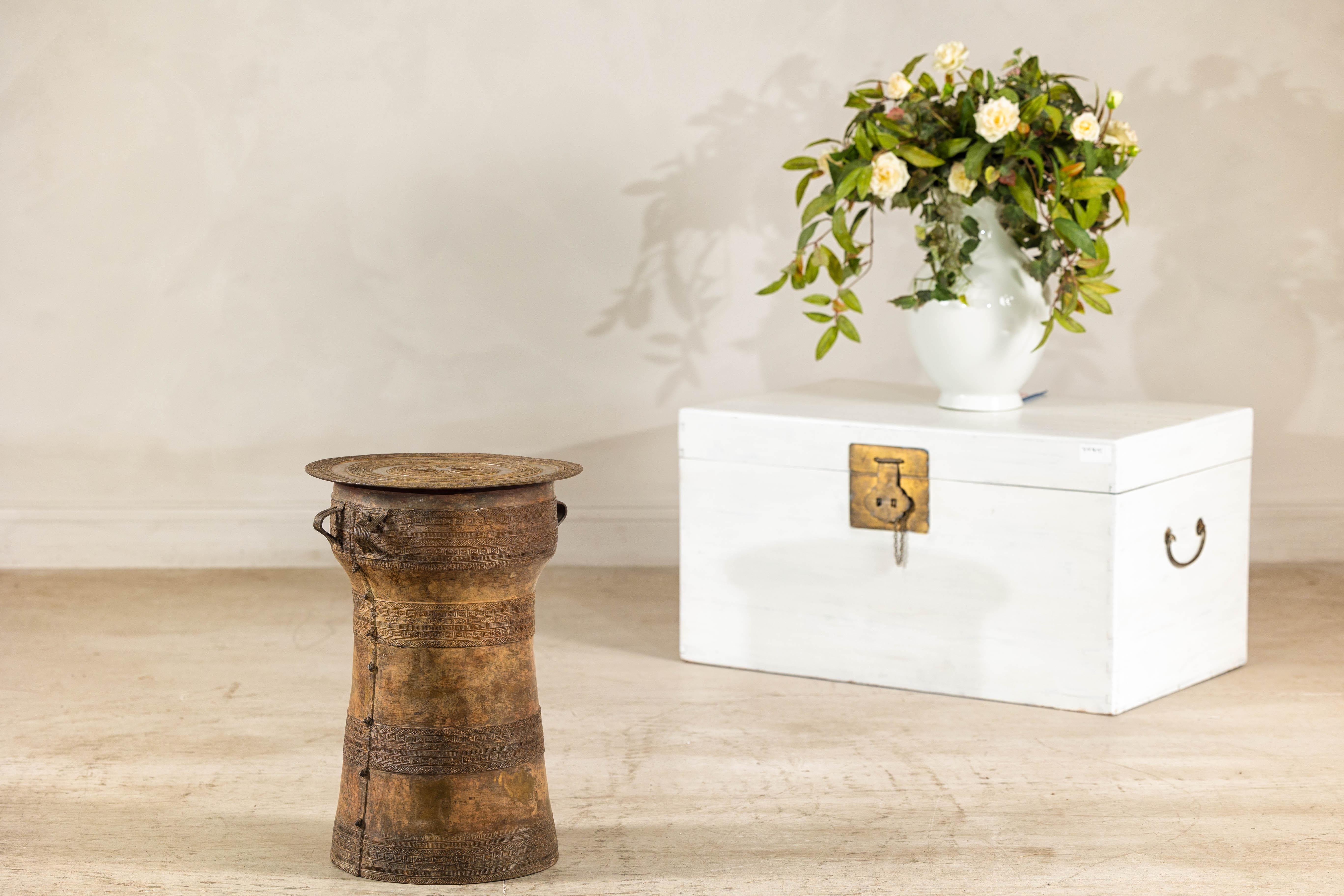 Vintage Laotian Rain Drum-Inspired Small Table with Antique Gold Patina 6