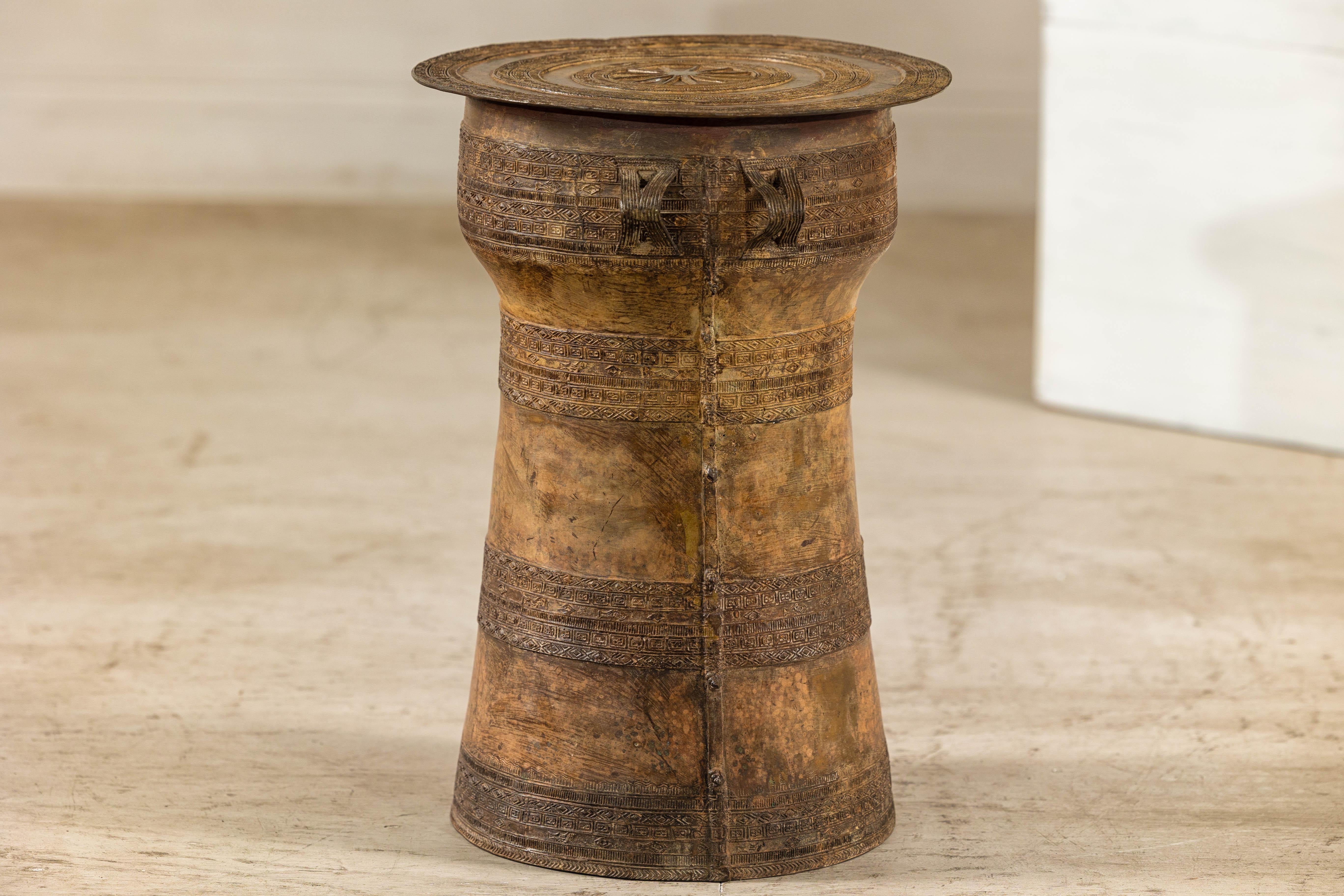 Vintage Laotian Rain Drum-Inspired Small Table with Antique Gold Patina 8