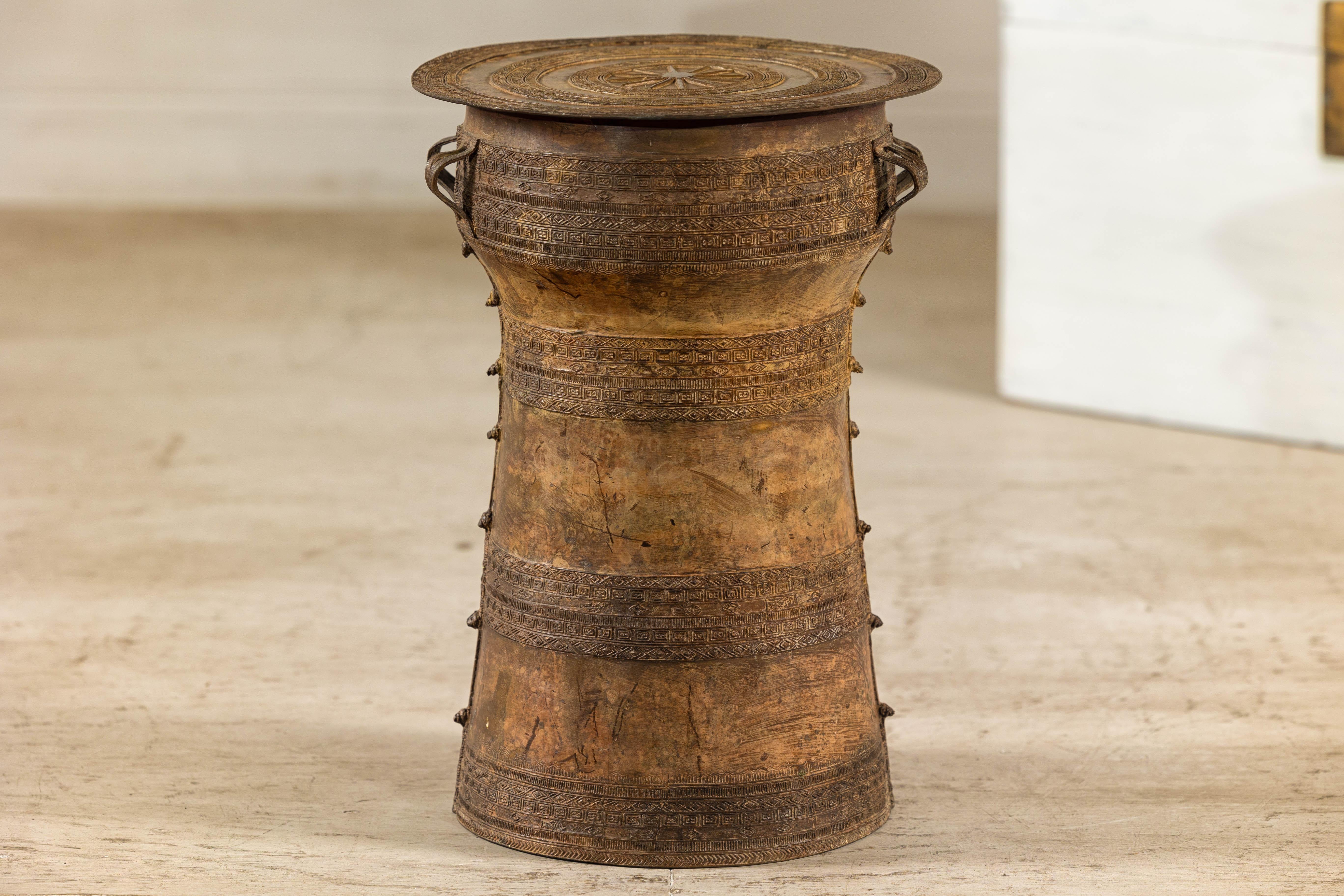 Vintage Laotian Rain Drum-Inspired Small Table with Antique Gold Patina 9