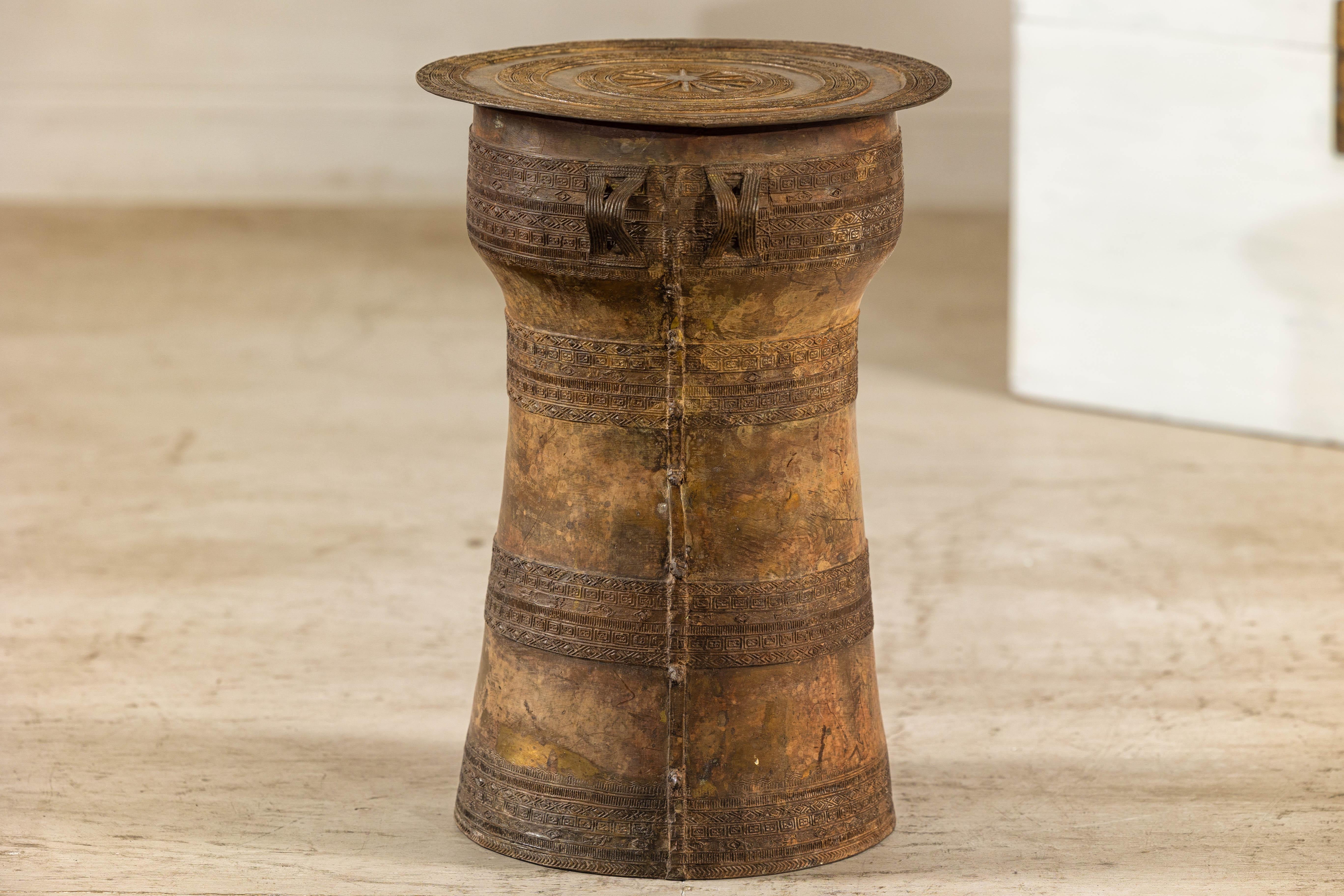 Vintage Laotian Rain Drum-Inspired Small Table with Antique Gold Patina 10