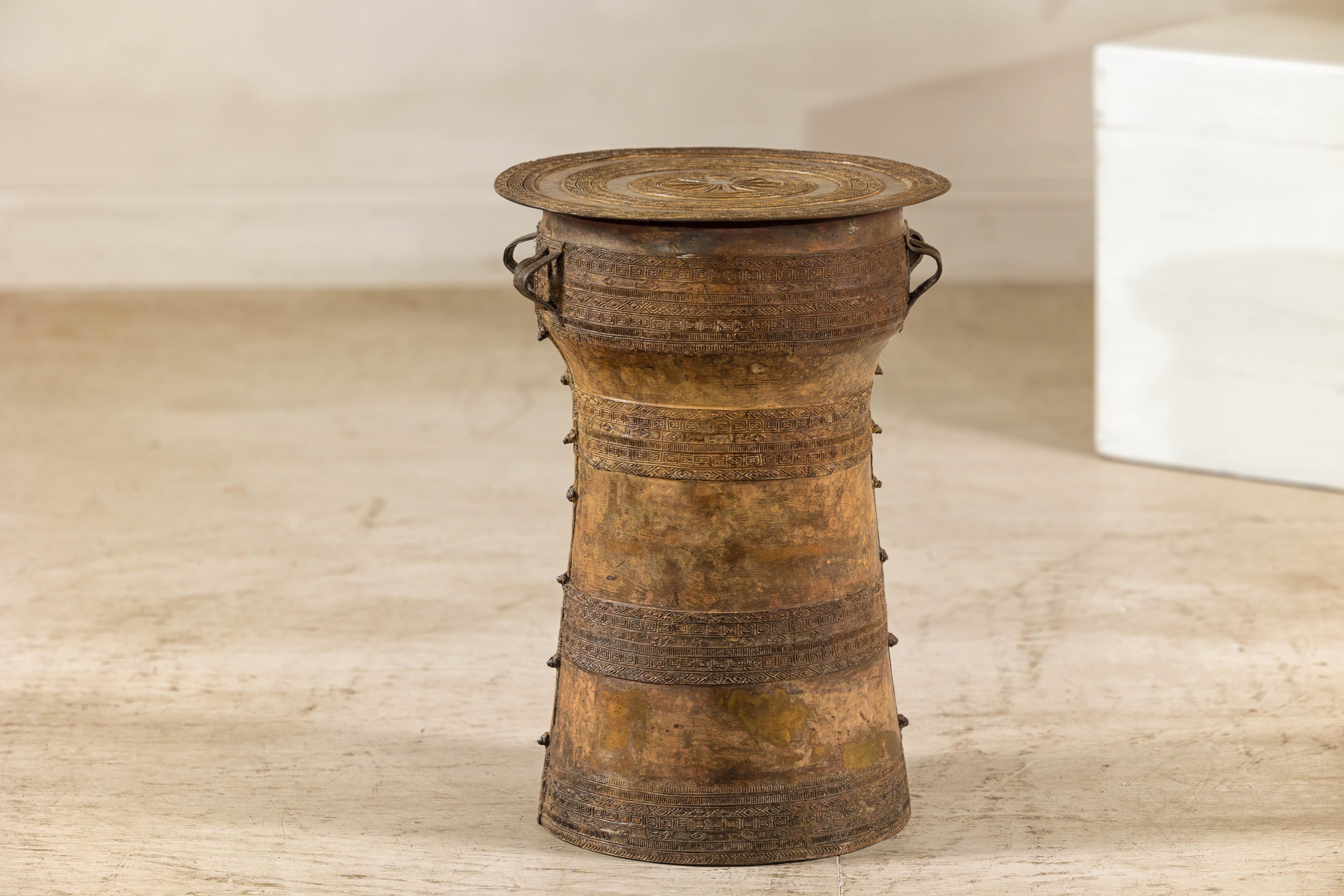 Cast Vintage Laotian Rain Drum-Inspired Small Table with Antique Gold Patina