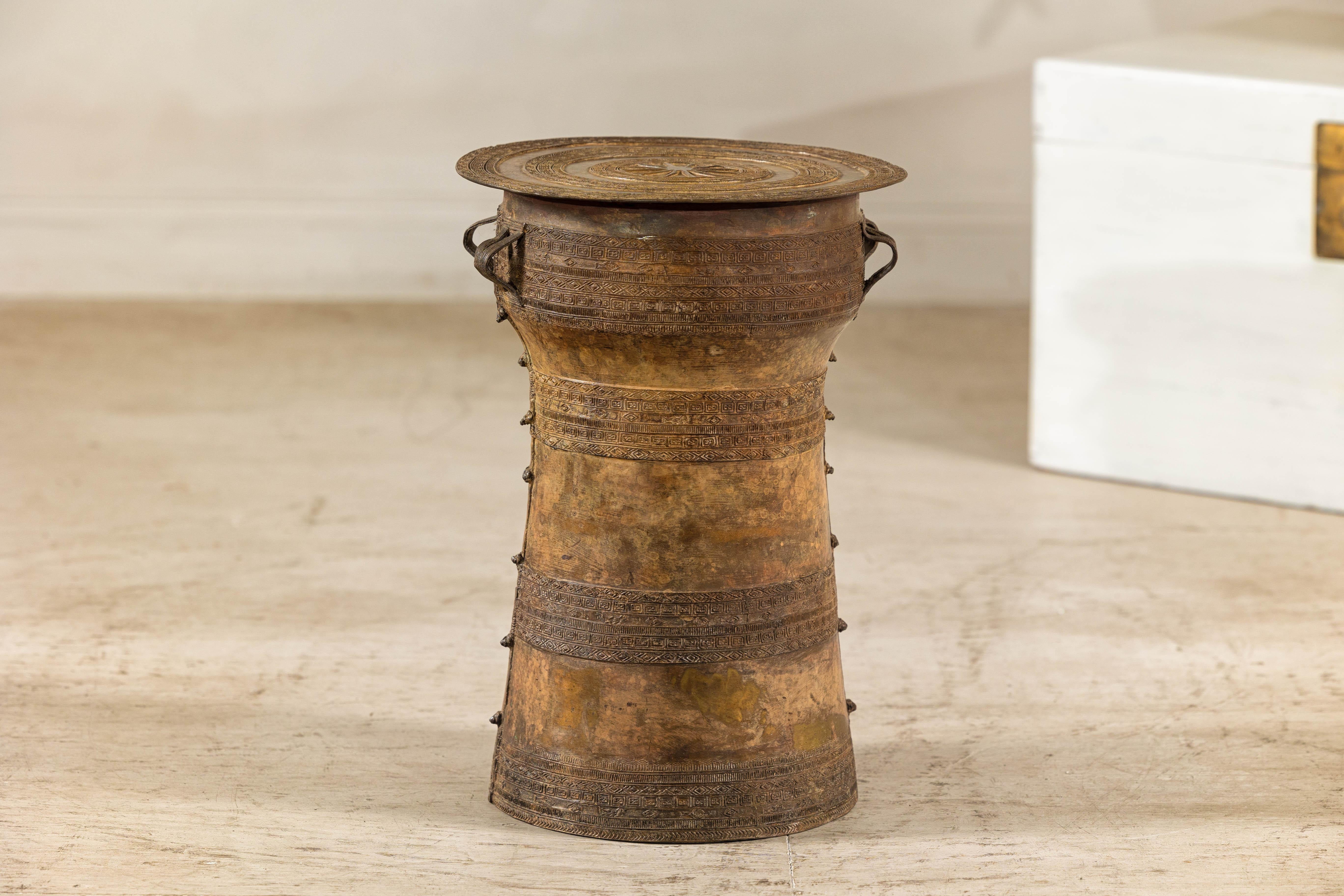 Vintage Laotian Rain Drum-Inspired Small Table with Antique Gold Patina In Good Condition In Yonkers, NY