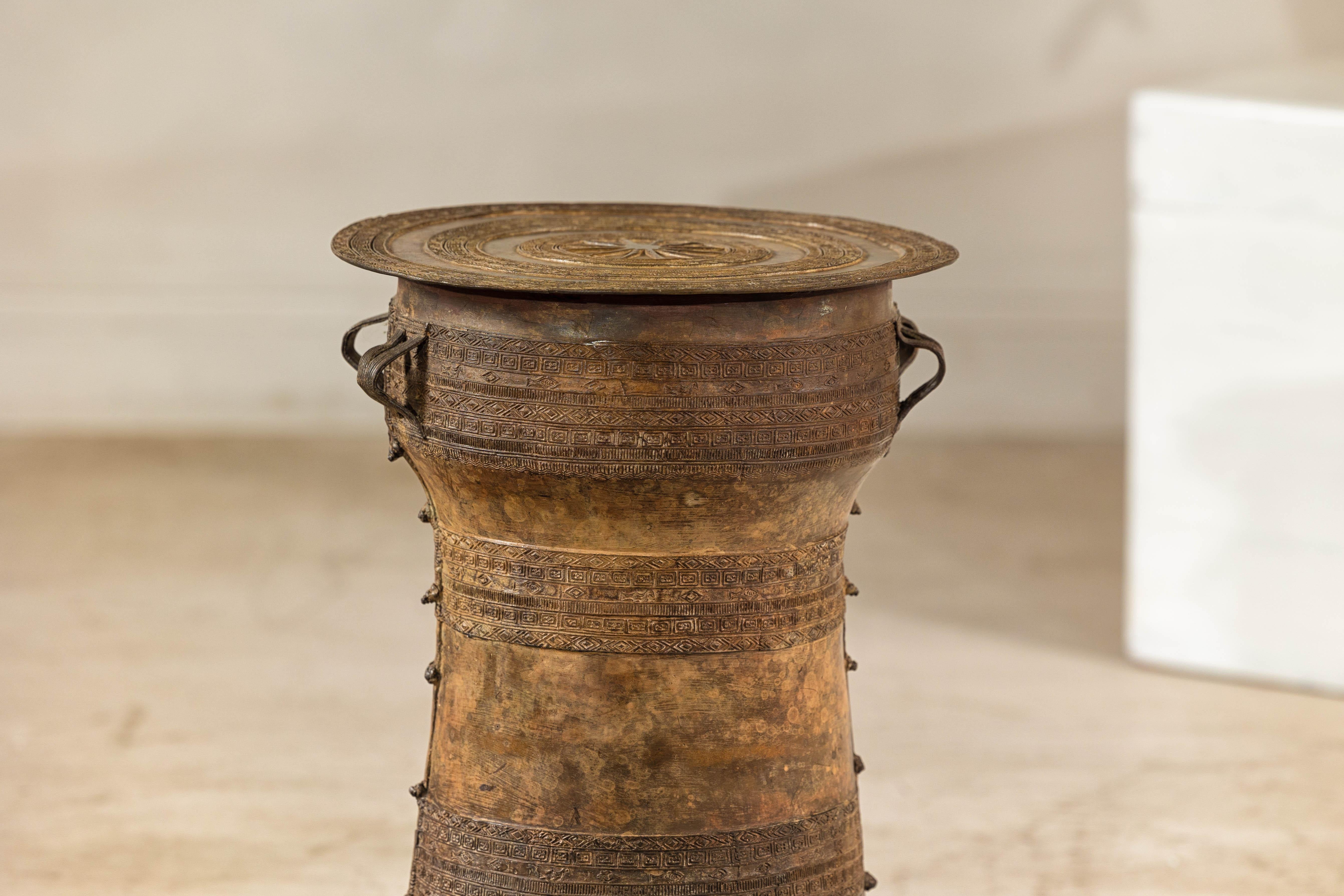 20th Century Vintage Laotian Rain Drum-Inspired Small Table with Antique Gold Patina