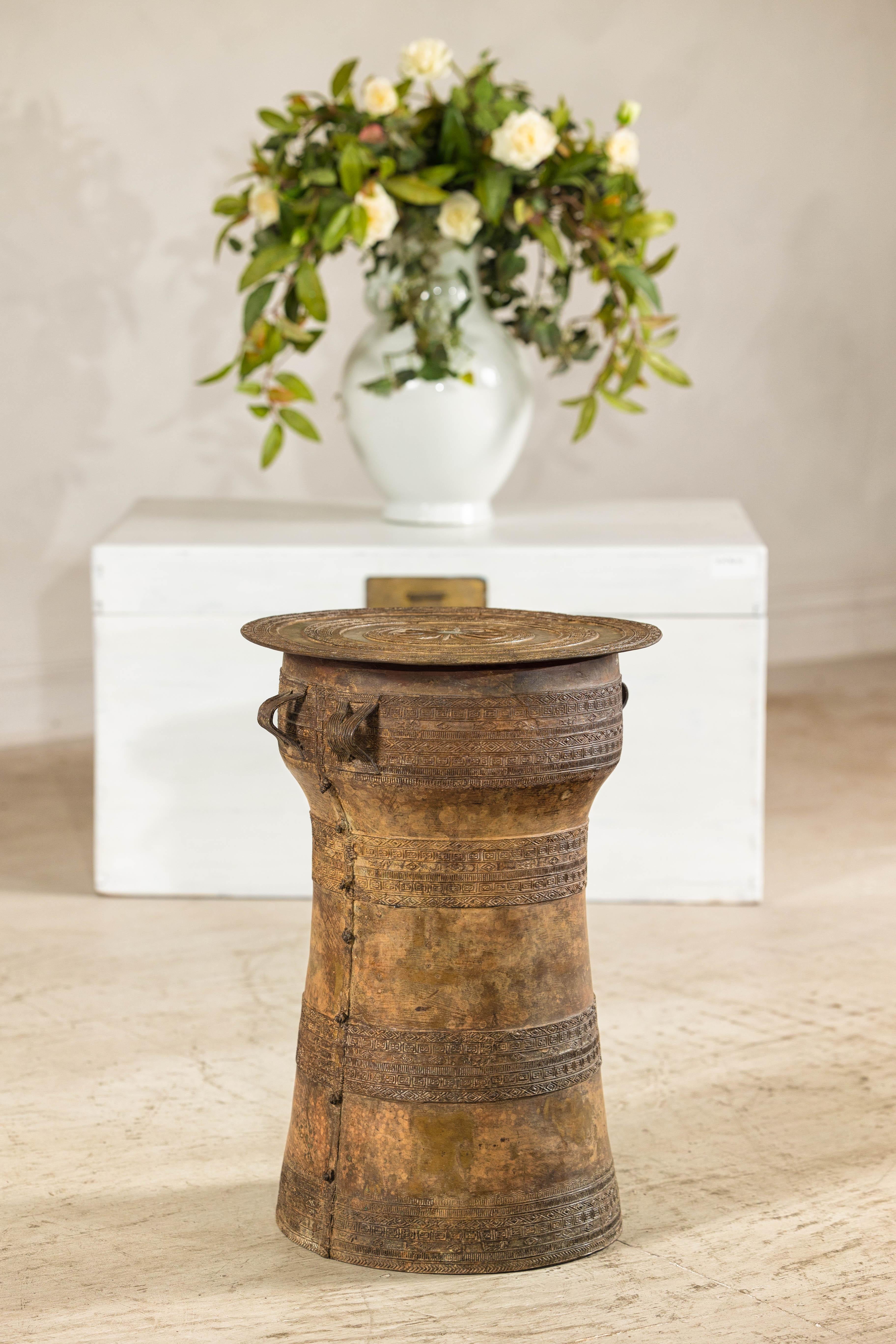 Vintage Laotian Rain Drum-Inspired Small Table with Antique Gold Patina 1