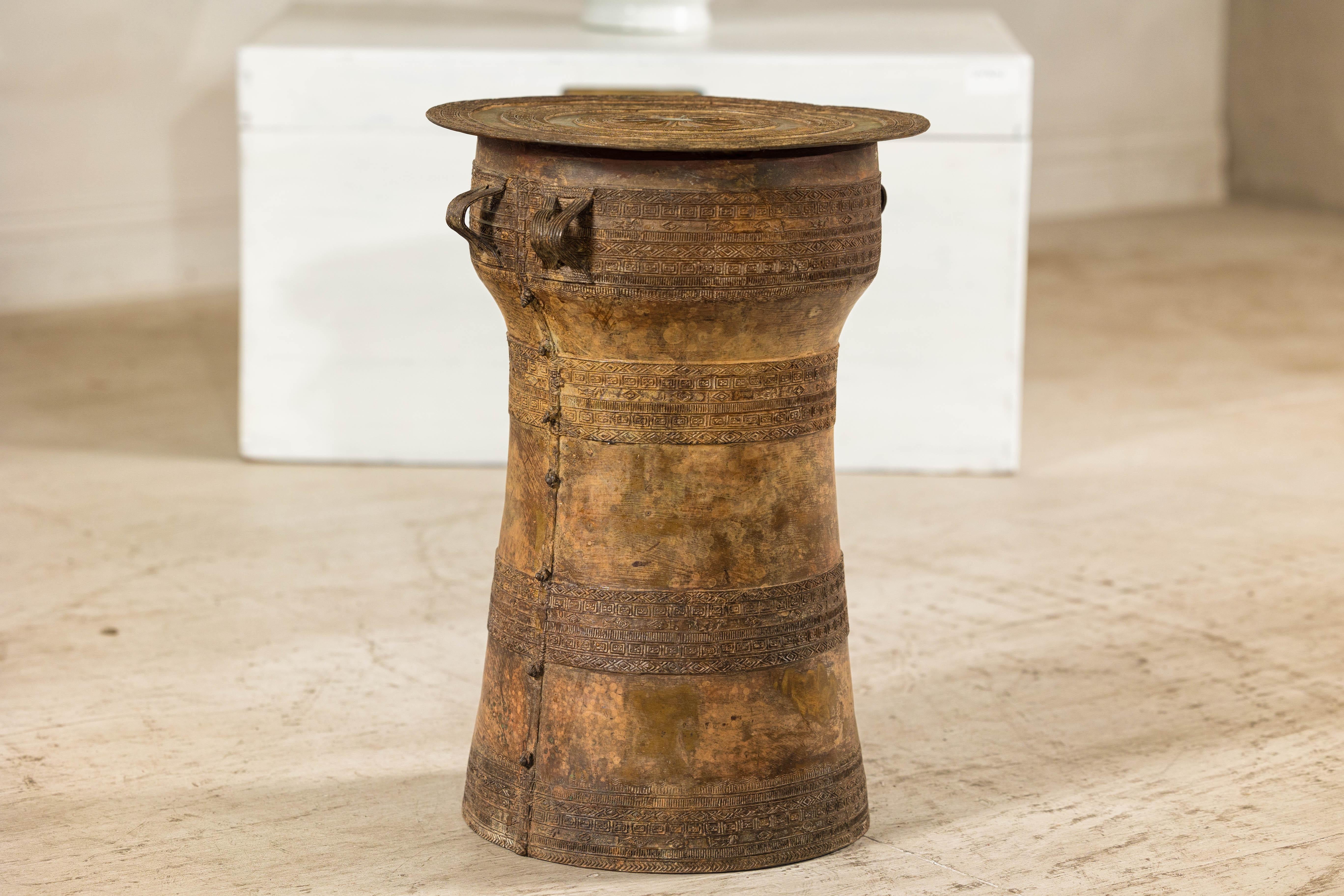 Vintage Laotian Rain Drum-Inspired Small Table with Antique Gold Patina 2