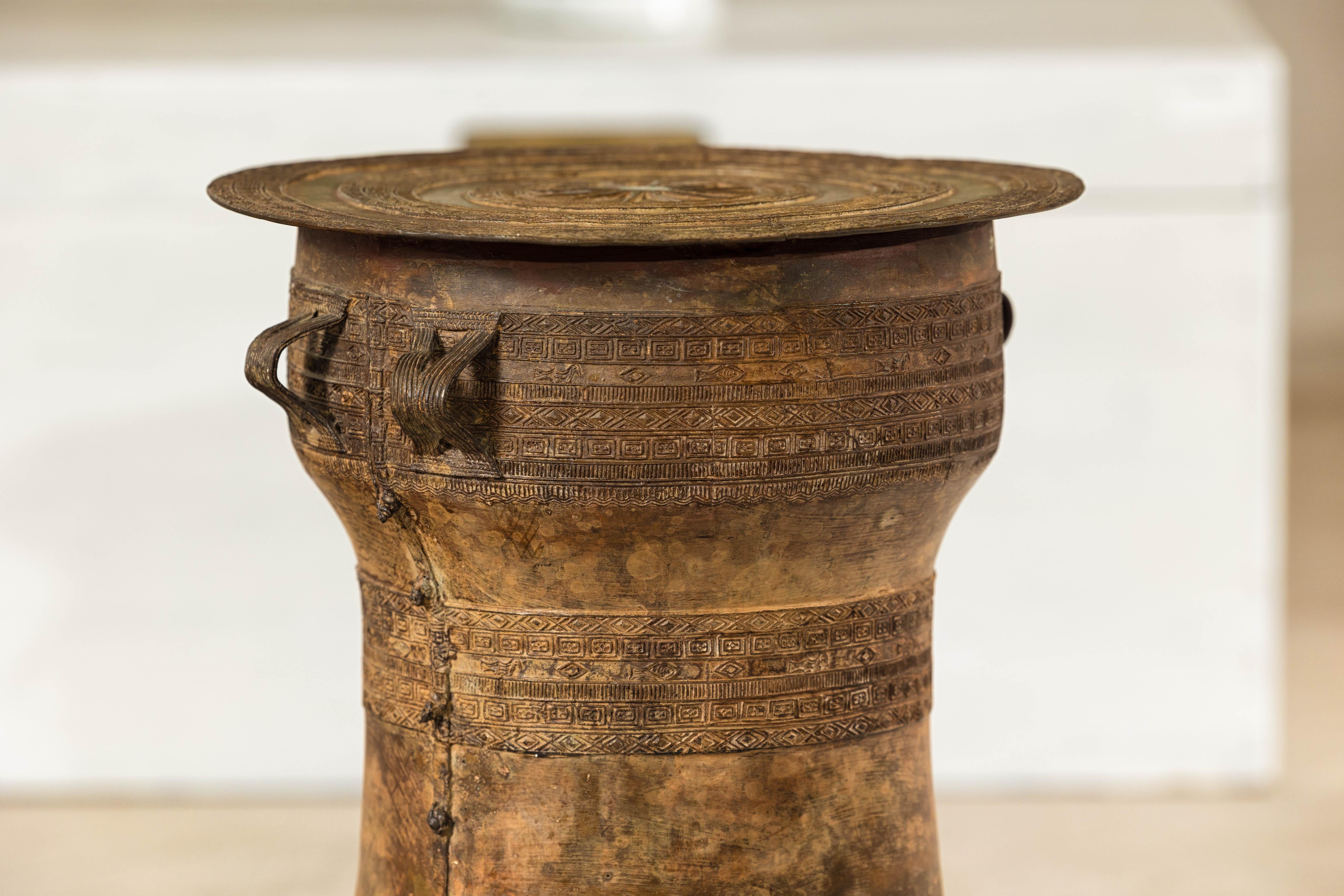 Vintage Laotian Rain Drum-Inspired Small Table with Antique Gold Patina 3