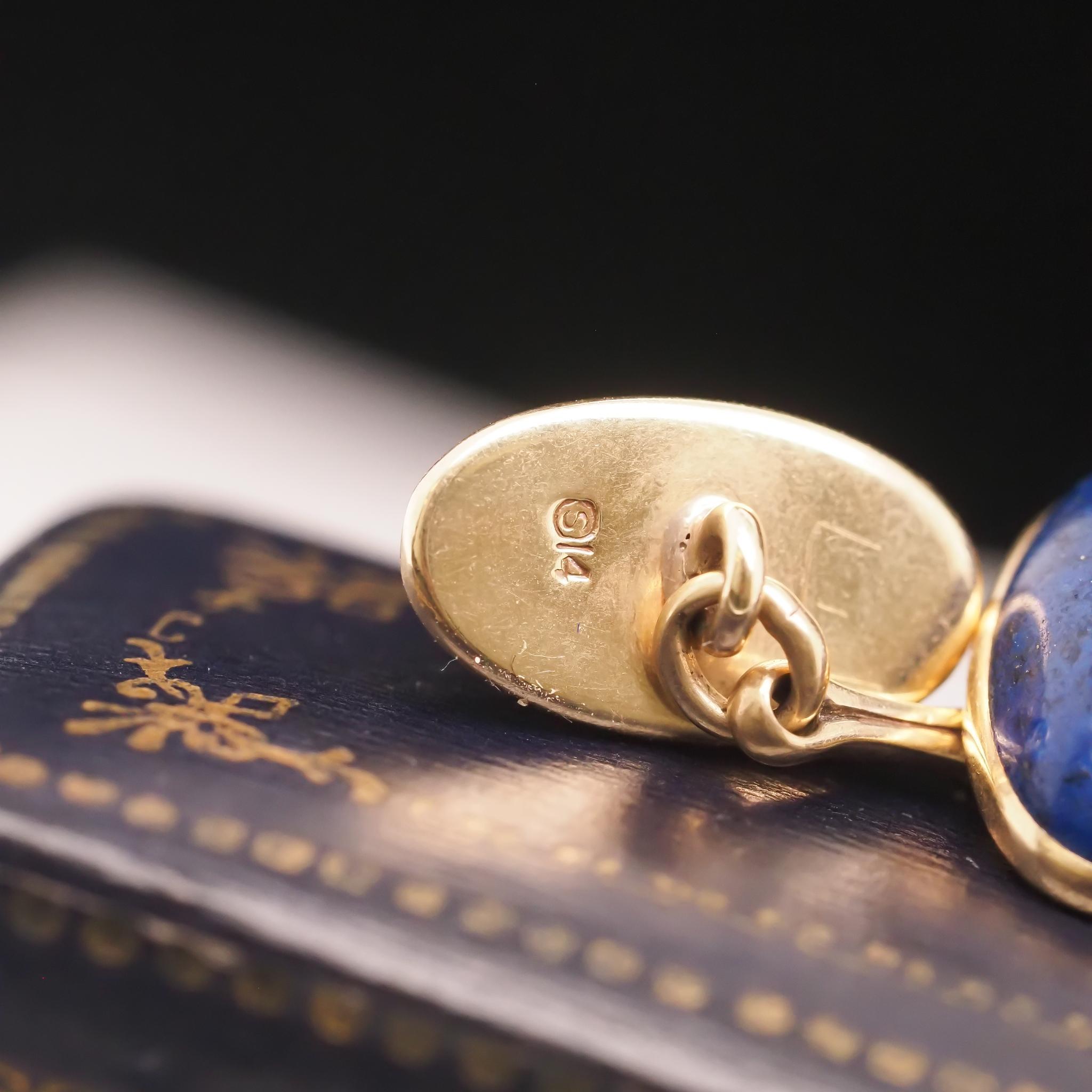 Vintage Lapis 14K Yellow Gold Oval Shape Cufflinks For Sale 5
