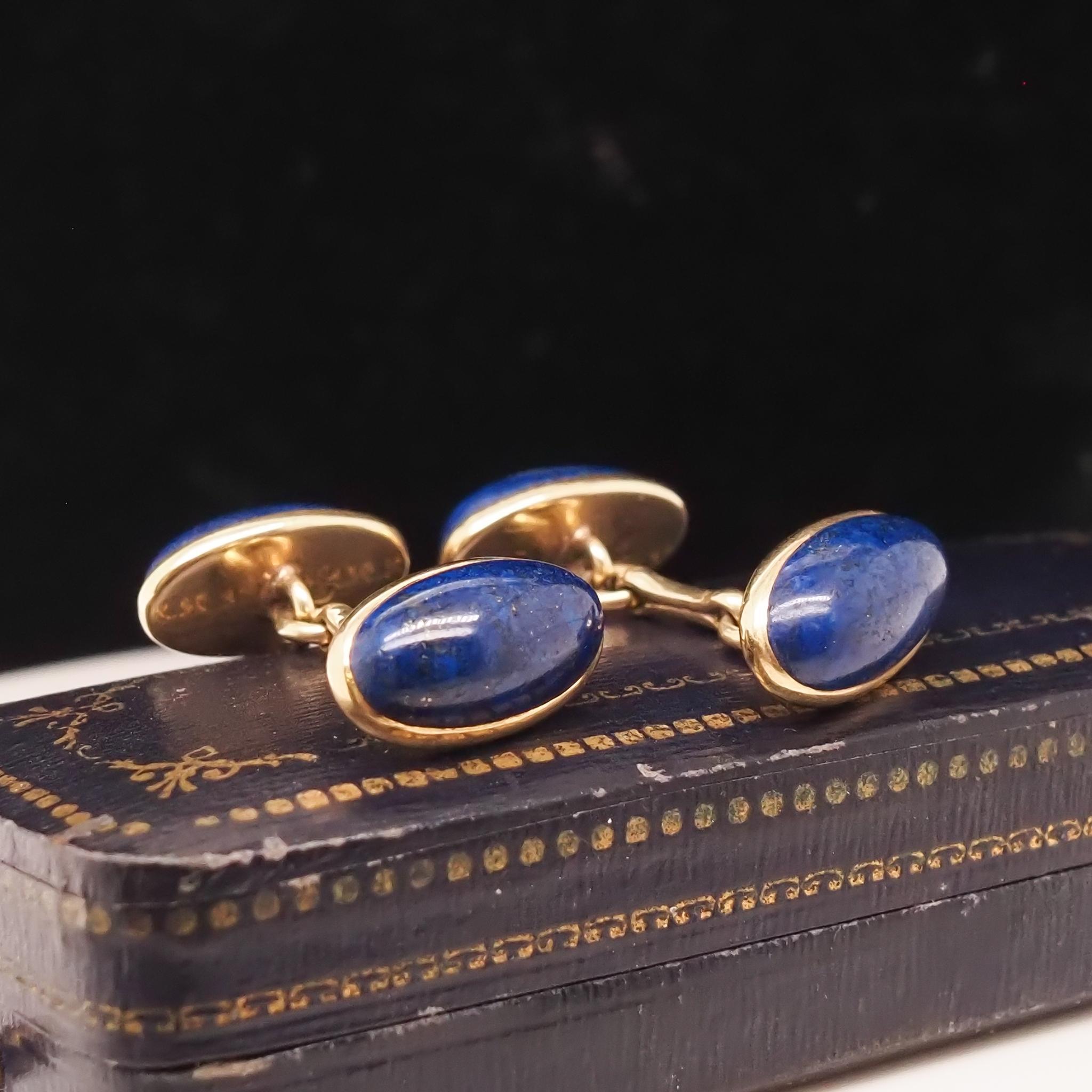 Vintage Lapis 14K Yellow Gold Oval Shape Cufflinks In Good Condition For Sale In Atlanta, GA
