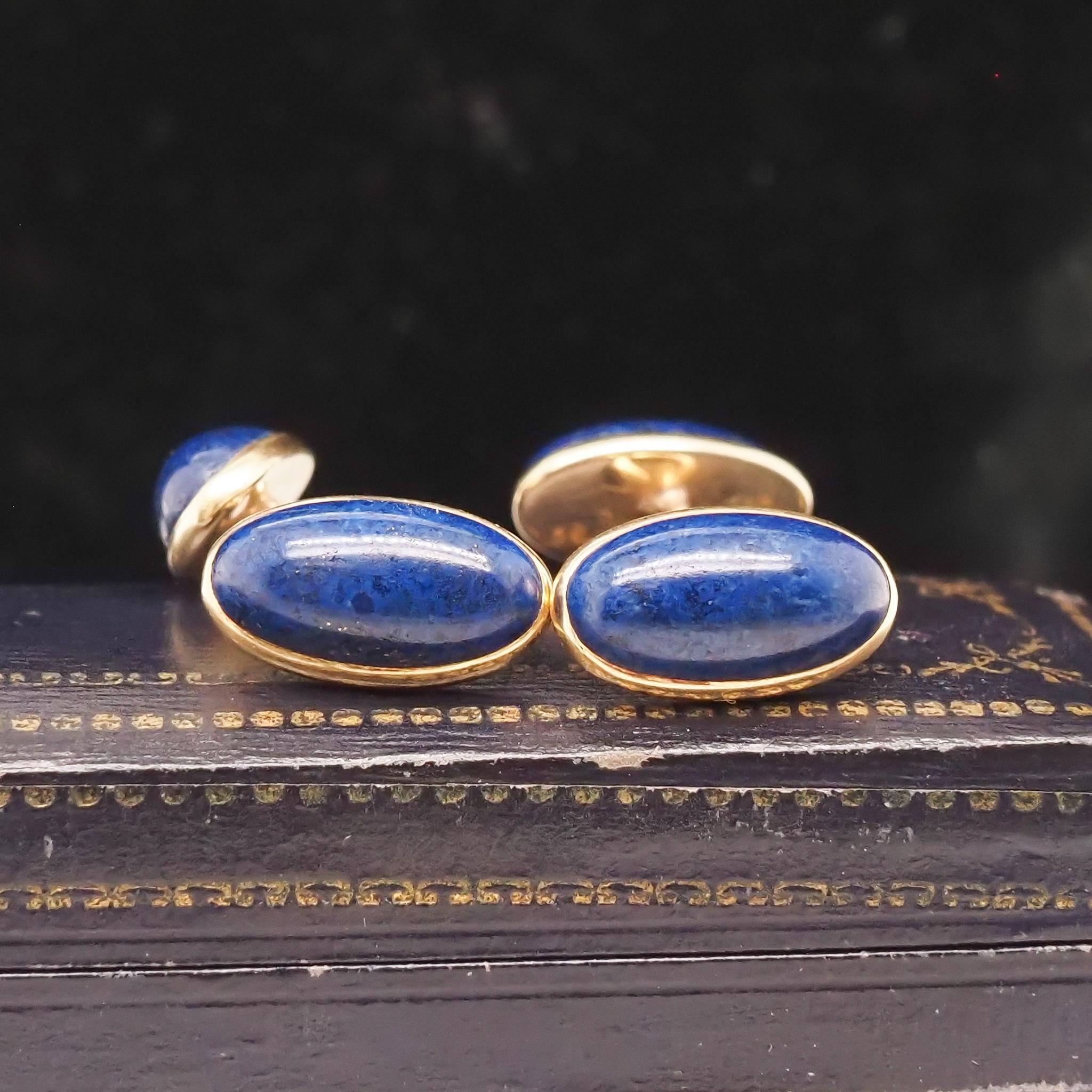 Vintage Lapis 14K Yellow Gold Oval Shape Cufflinks For Sale 1