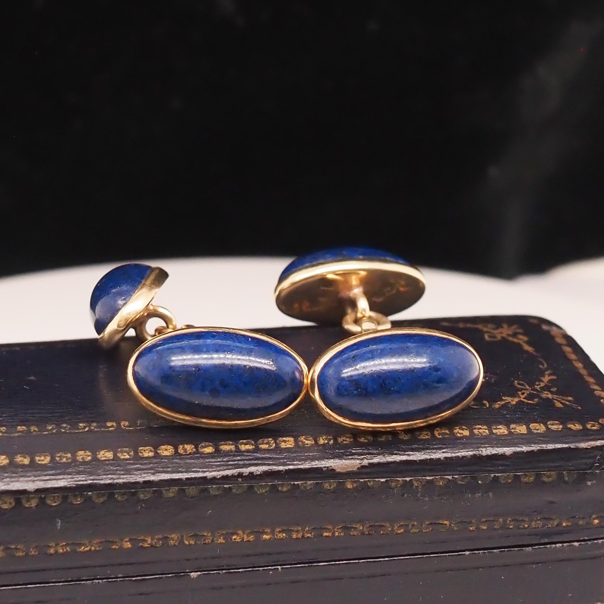 Vintage Lapis 14K Yellow Gold Oval Shape Cufflinks For Sale 2