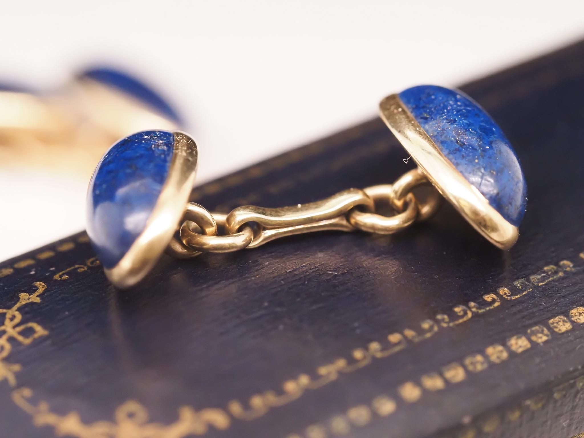 Vintage Lapis 14K Yellow Gold Oval Shape Cufflinks For Sale 4