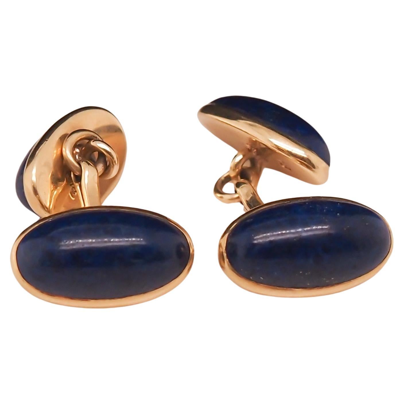 Vintage Lapis 14K Yellow Gold Oval Shape Cufflinks For Sale
