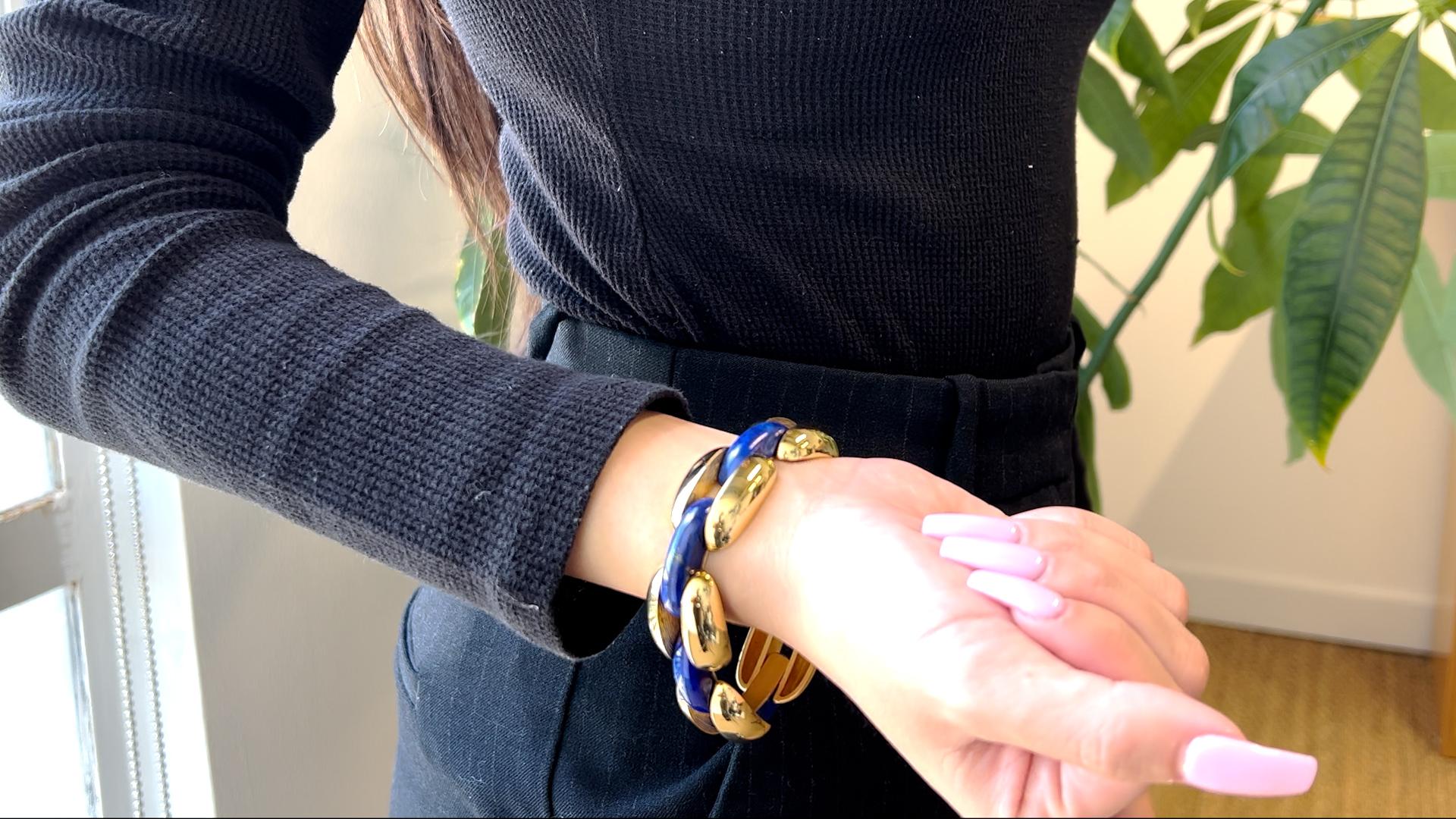 Vintage Lapis 18 Karat Yellow Gold Link Bracelet In Good Condition In Beverly Hills, CA