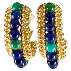 Vintage Lapis and Chrysocolla Beaded Half Hoop Clip On Earrings 14k/18k