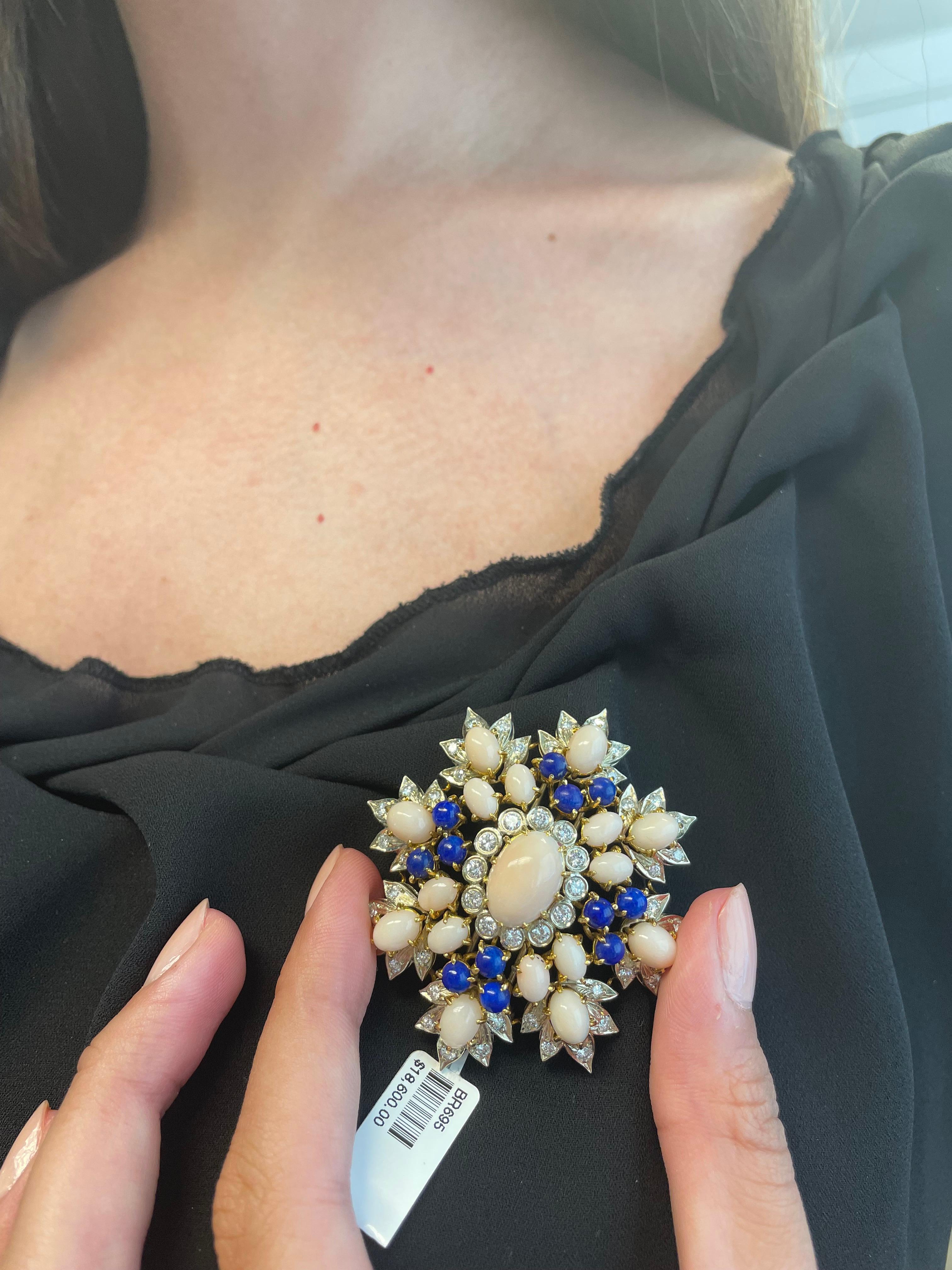 Gorgeous vintage diamond, lapis lazuli, and coral brooch. Made in Italy. 
Accommodated with an up to date appraisal by a GIA G.G., please contact us with any questions. Thank you.

Item Number
BR695