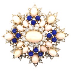 Vintage Lapis, Coral, 
Diamond Brooch 18k Yellow Gold Italian