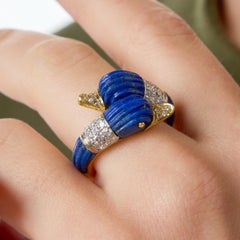 Vintage lapis diamond duck bypass 18k yellow gold ring