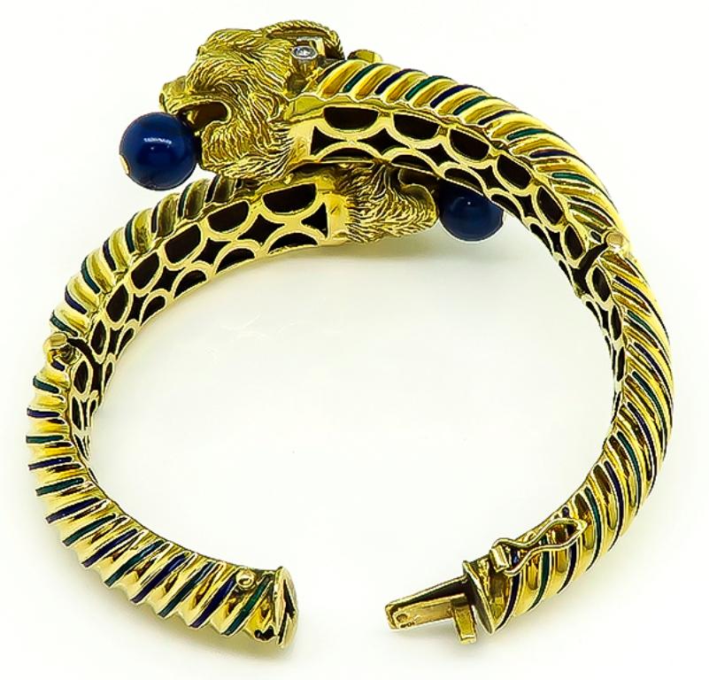 Vintage Lapis Diamond Ruby Enamel Gold Bangle In Good Condition In New York, NY