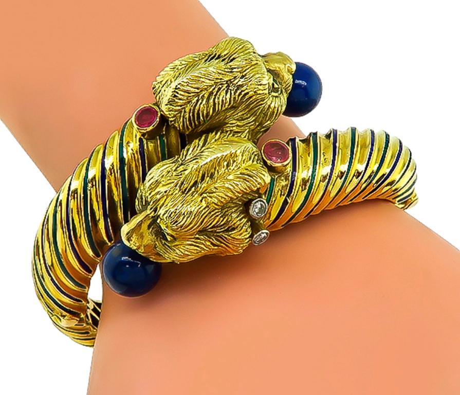 Women's or Men's Vintage Lapis Diamond Ruby Enamel Gold Bangle