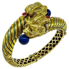 Vintage Lapis Diamond Ruby Enamel Gold Bangle