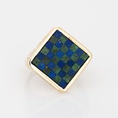 Vintage Lapis Jade Inlaid Checkerboard Ring 14k Yellow Gold Fine Jewelry