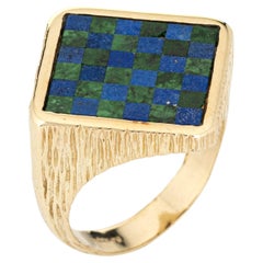 Vintage Lapis Jade Inlaid Checkerboard Ring 14k Yellow Gold Fine Jewelry