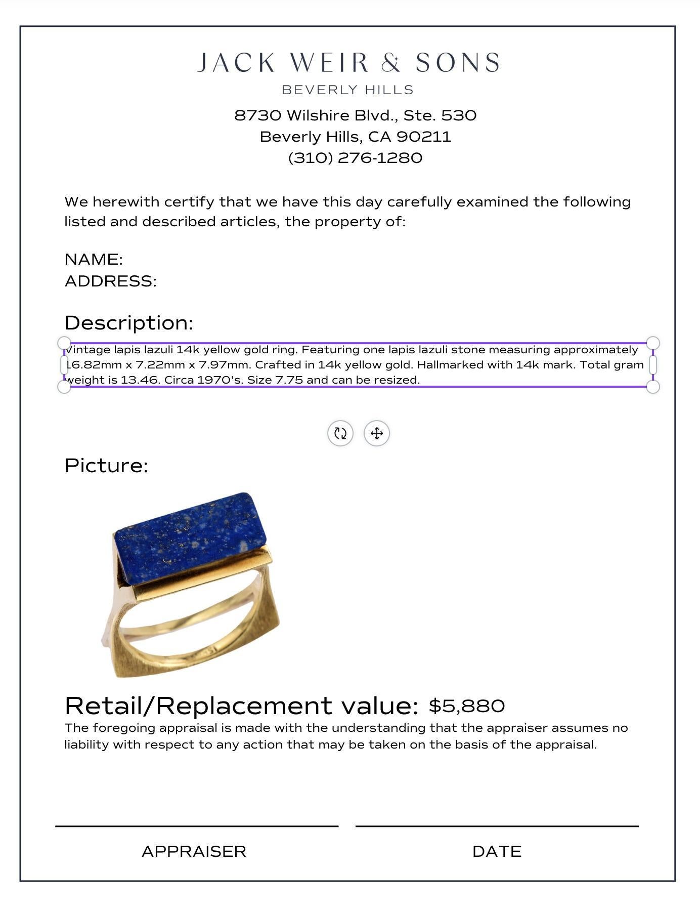 Women's Vintage lapis lazuli 14k yellow gold Abstract ring For Sale