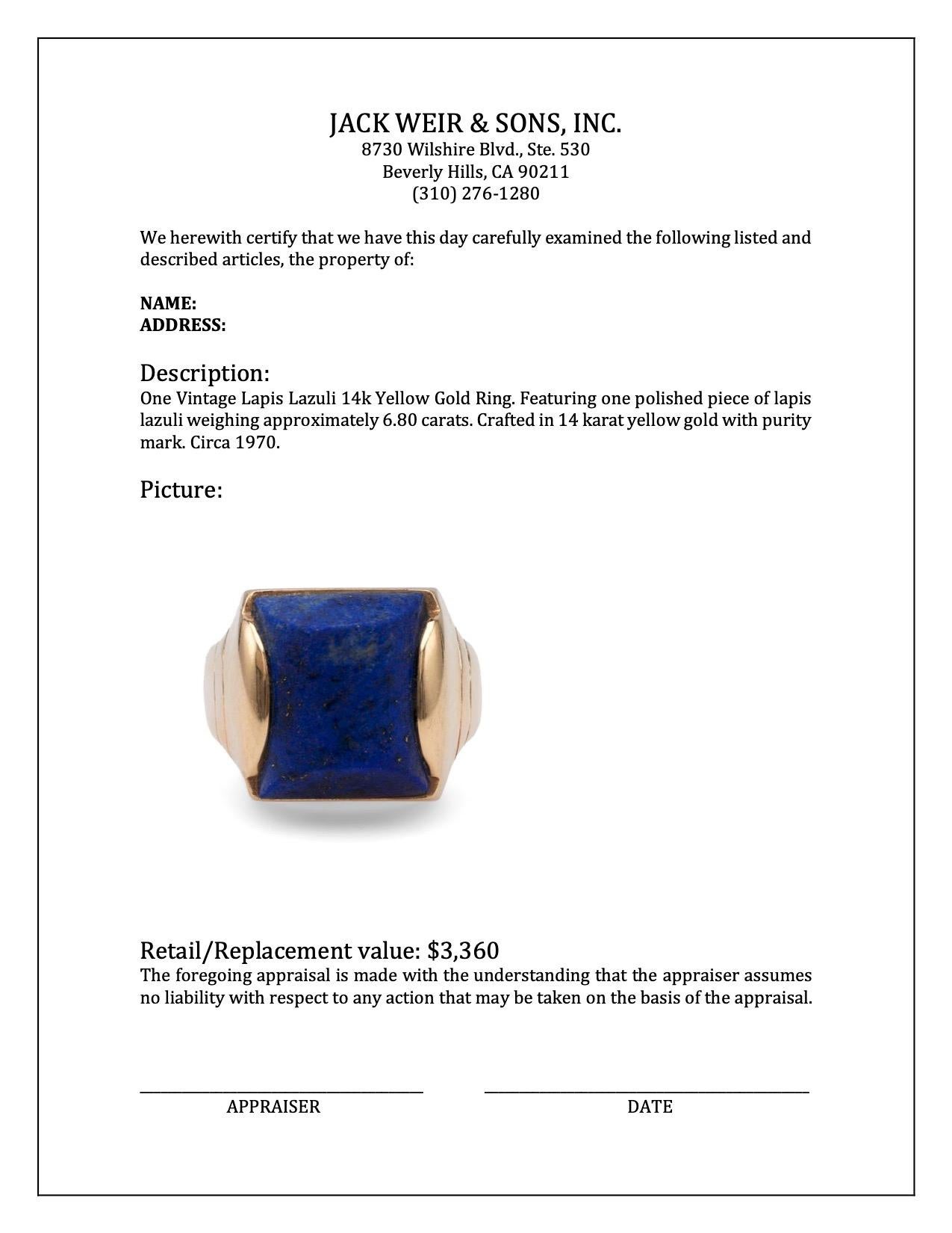 Bague vintage en or jaune 14 carats lapis-lazuli Unisexe en vente