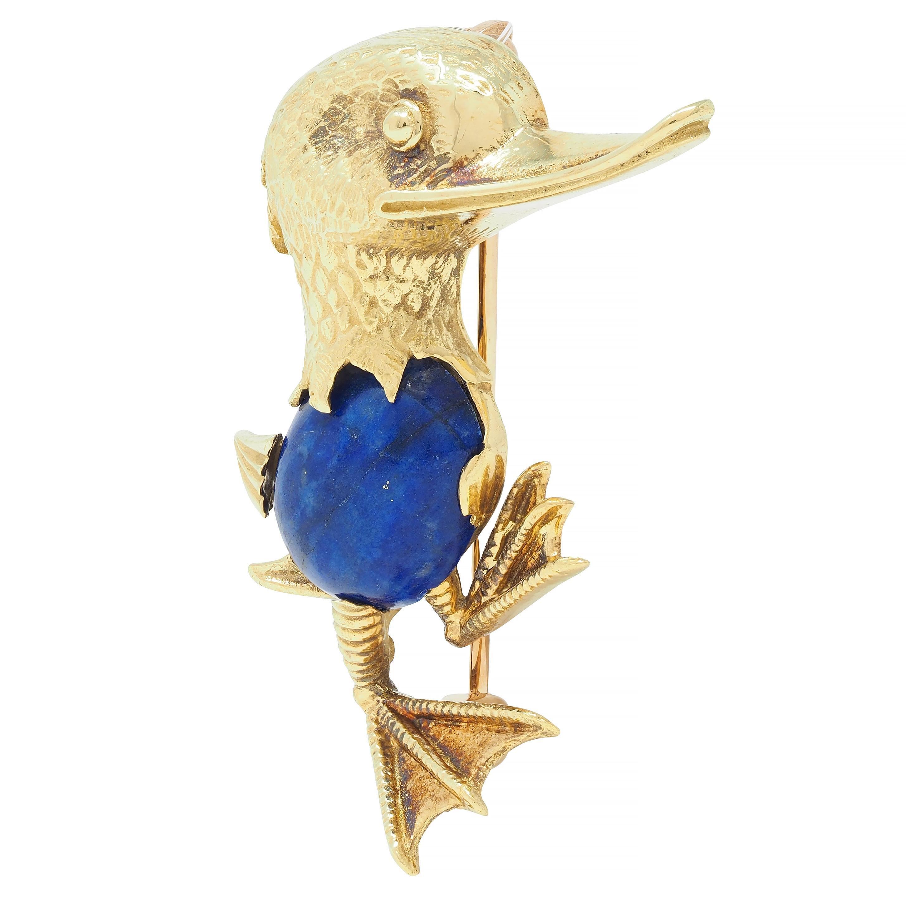 Vintage Lapis Lazuli 18 Karat Yellow Gold Whimsical Duck Brooch In Excellent Condition In Philadelphia, PA