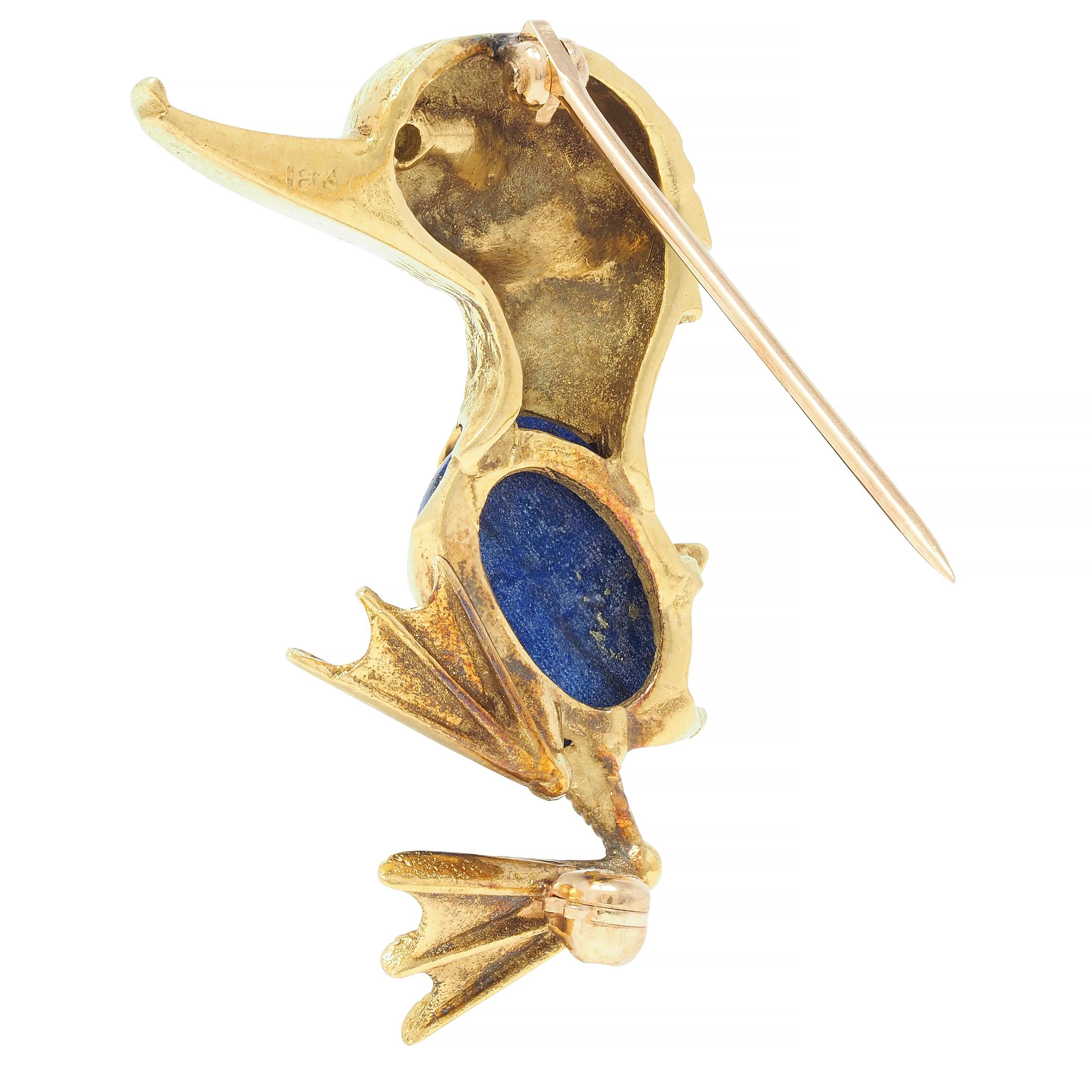 Women's or Men's Vintage Lapis Lazuli 18 Karat Yellow Gold Whimsical Duck Brooch