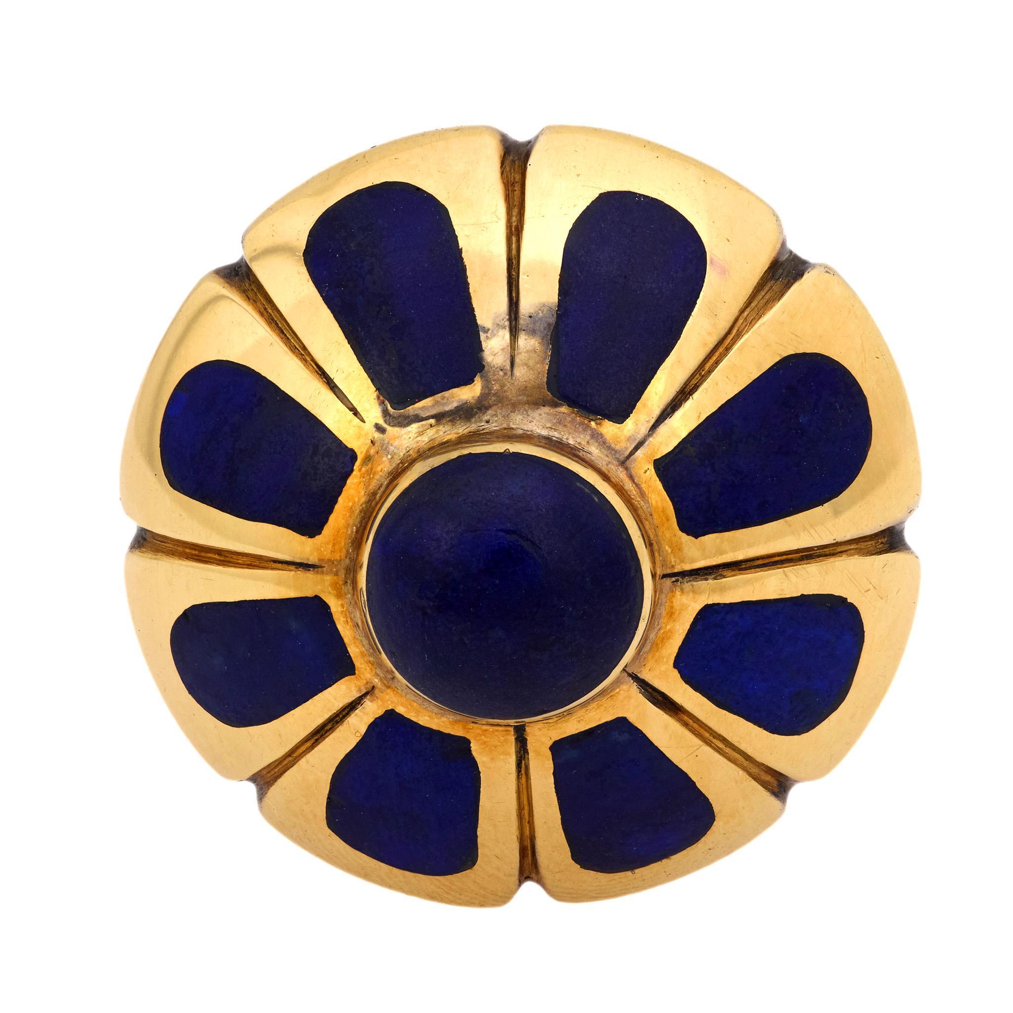 Taglio rotondo Anello cocktail d'epoca con lapislazzuli e smalto in oro giallo 18k e 14k in vendita