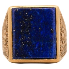 Vintage Lapis Lazuli Gold 18K Floral Engraved Square Mens Signet Ring
