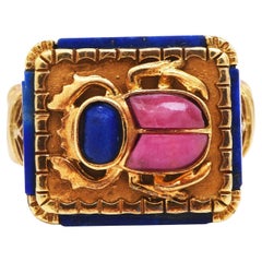 Vintage Lapis Lazuli 18K Yellow Gold Egyptian Rhodochrosite Scarab Unisex Ring 