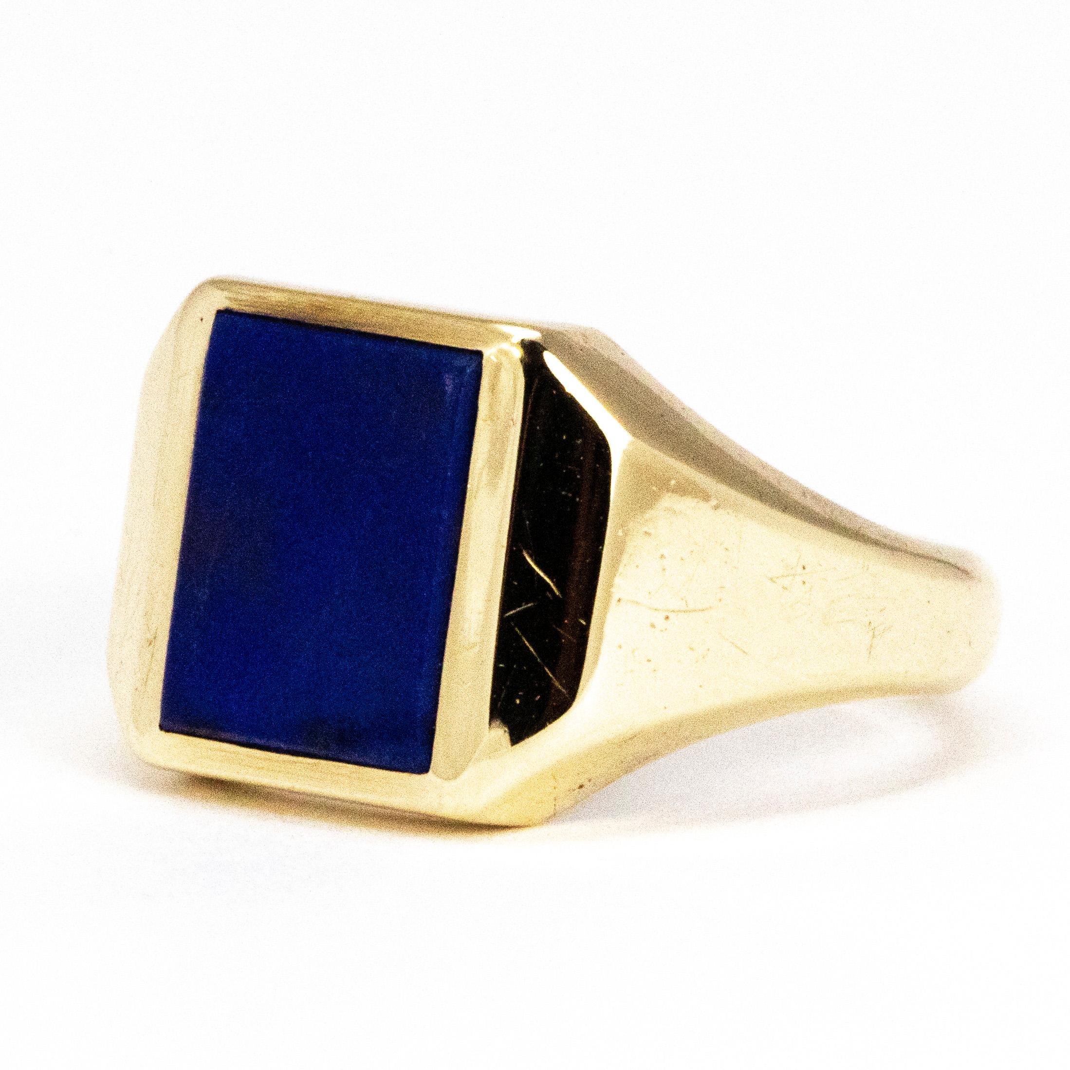 The lapis stone in this ring is beautiful, bright and glossy. The angular cut of the stone goes perfectly with the chunky gold ring it is set within. 

Ring Size: N or 6 1/2
Stone Dimensions: 10mm x 8mm 