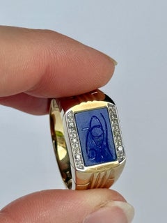 Bague sigillaire vintage en or 9 carats et lapis-lazuli