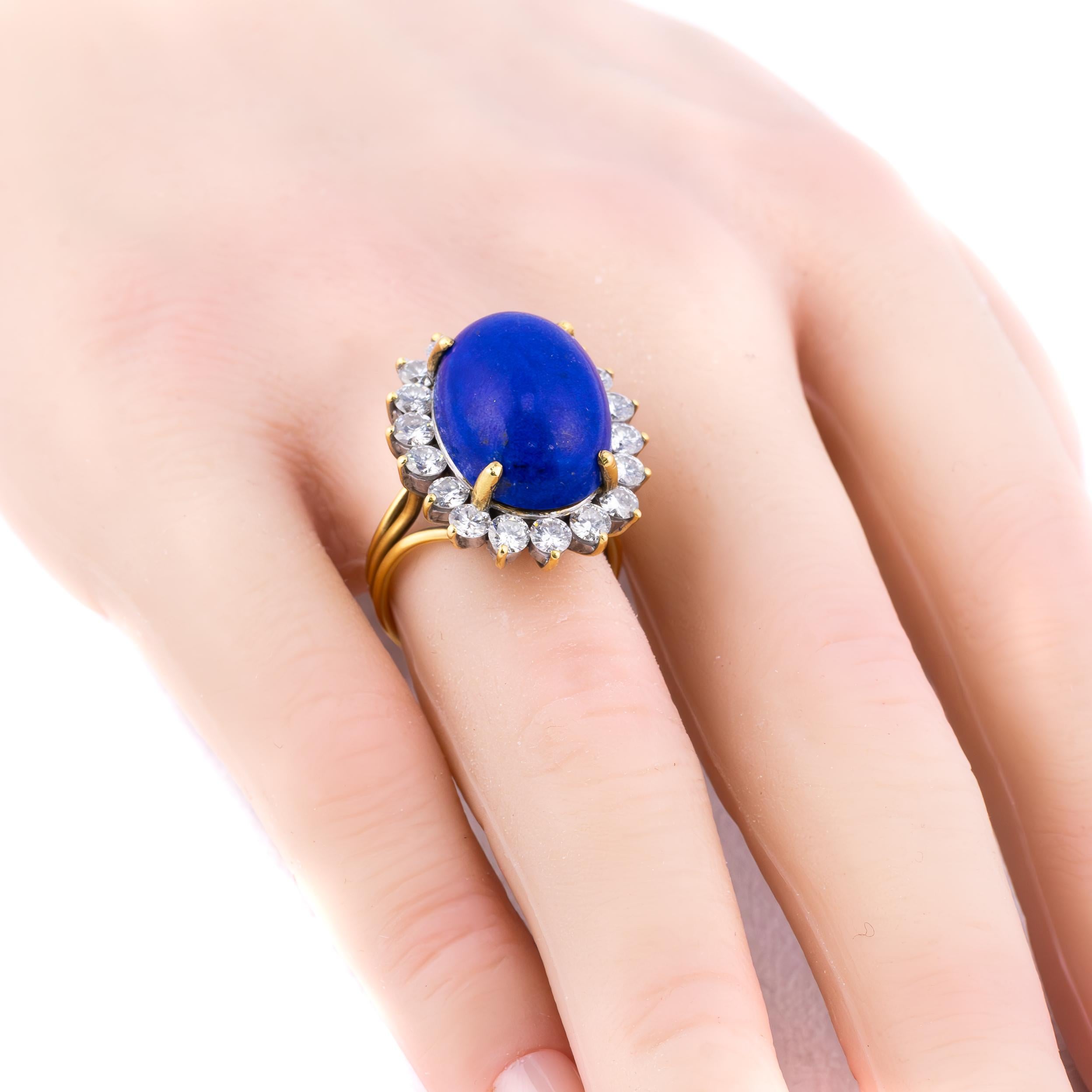 Oval Cut Vintage Lapis Lazuli and Diamond Halo Ring For Sale
