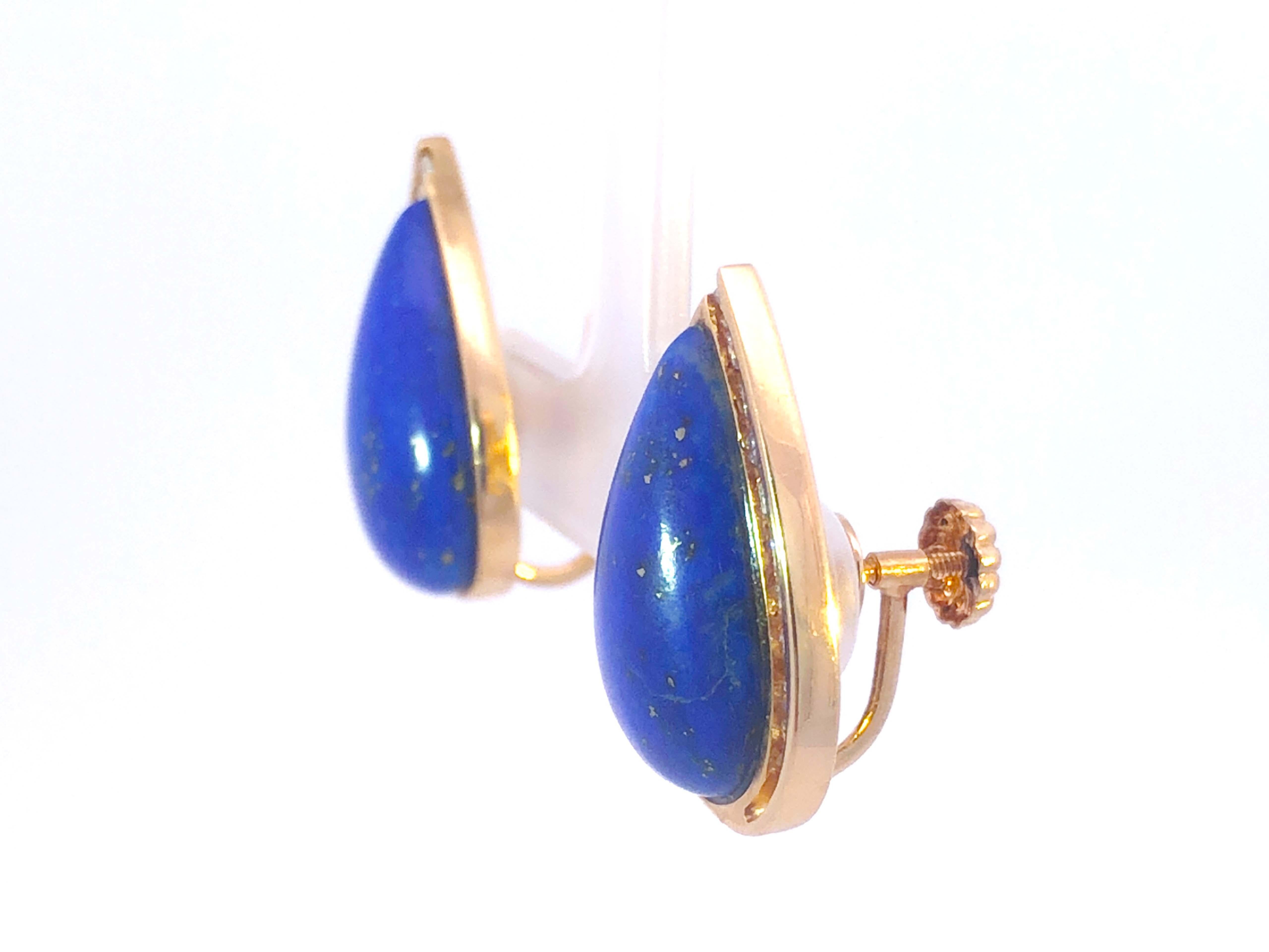 Moderne Boucles d'oreilles vintage en or jaune 14 carats avec lapis-lazuli et diamants en forme de poire en vente