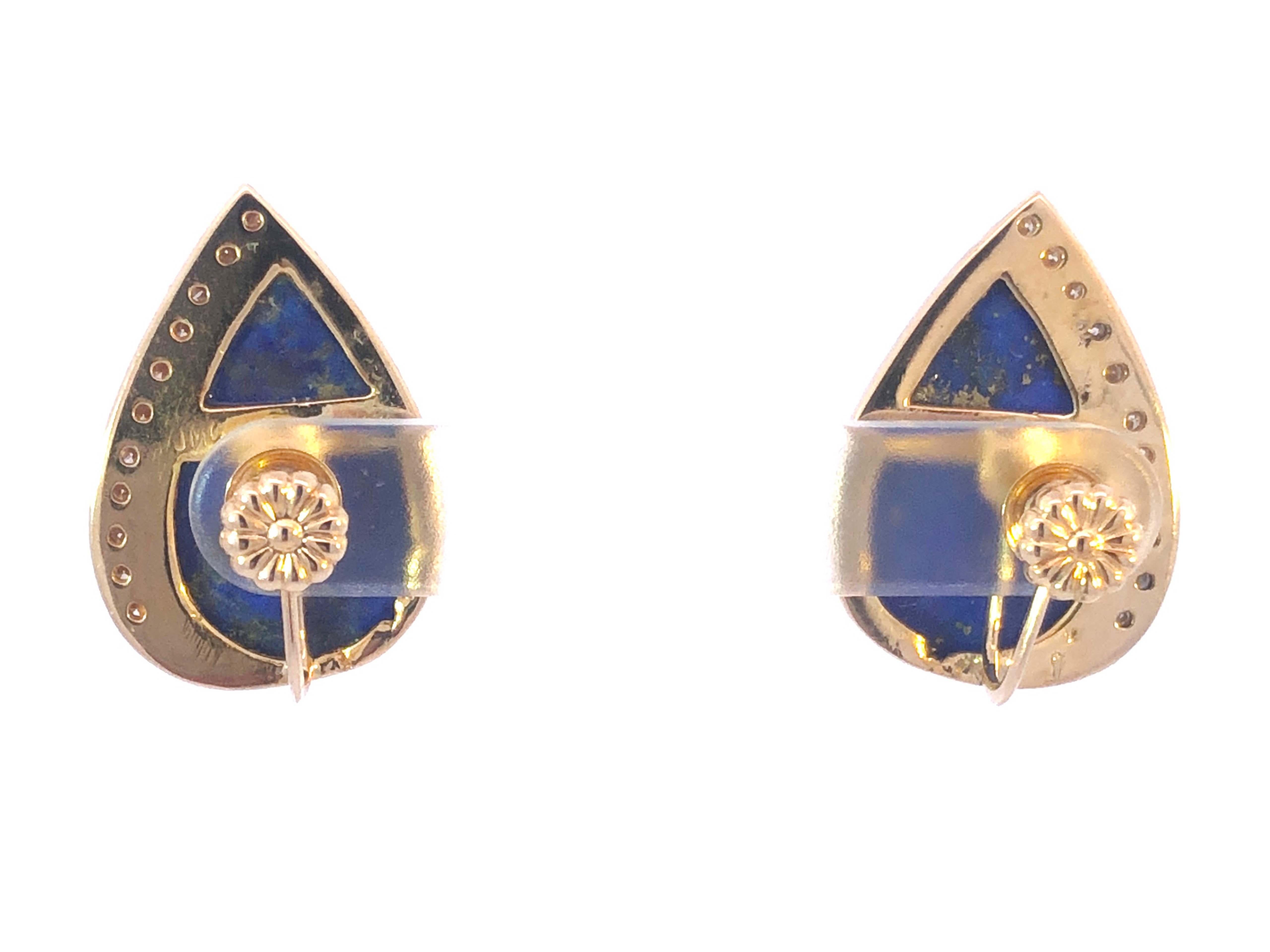 Modern Vintage Lapis Lazuli and Diamond Pear Shape Earrings in 14K Yellow Gold For Sale