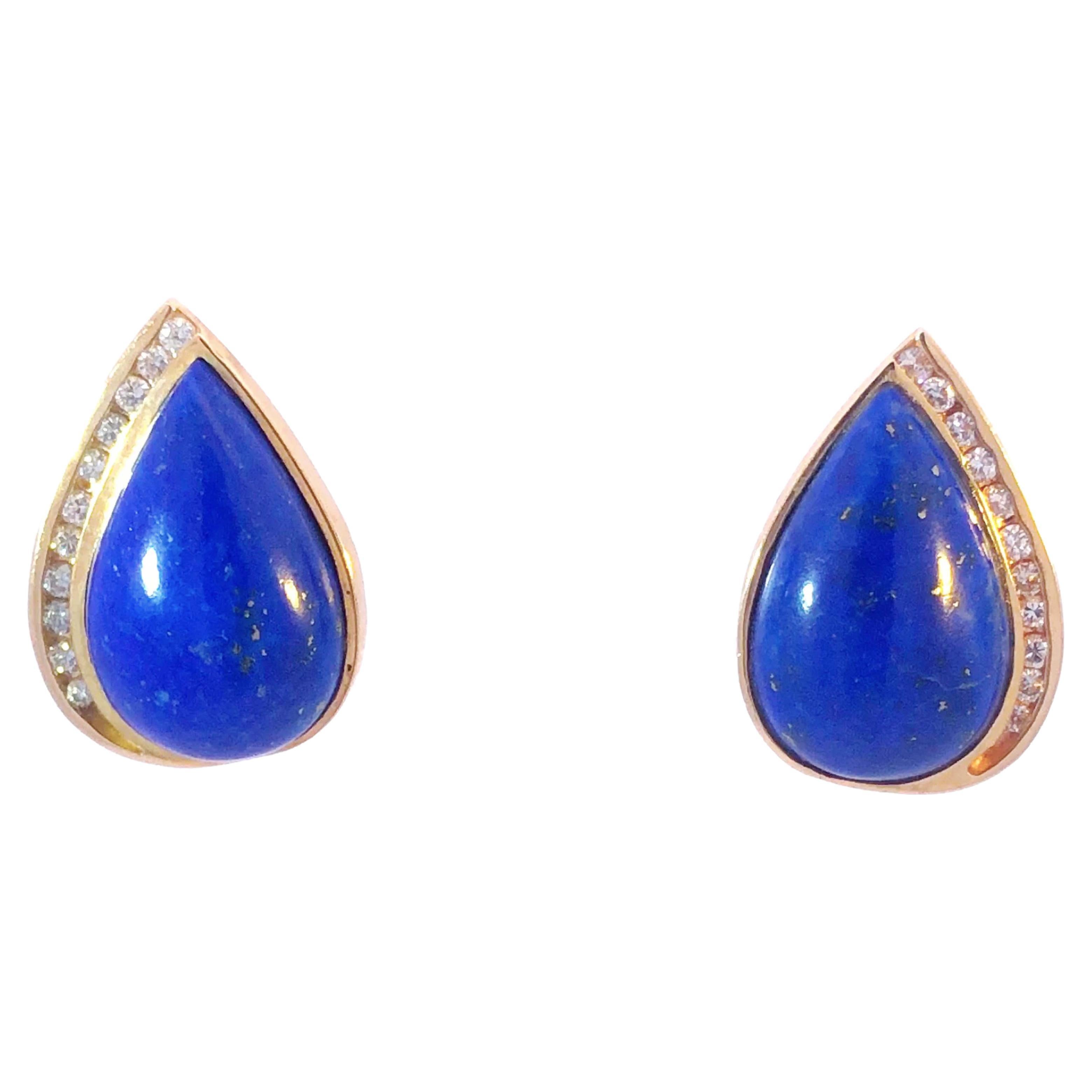 Vintage Lapis Lazuli and Diamond Pear Shape Earrings in 14K Yellow Gold