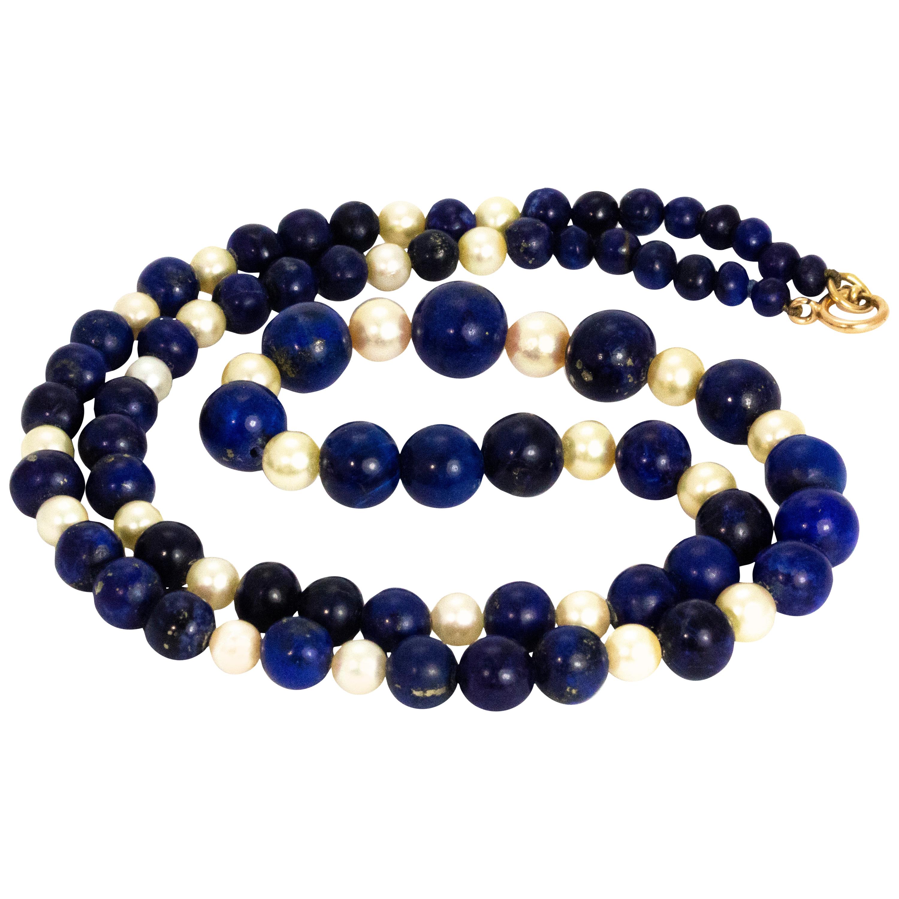Vintage Lapis Lazuli and Pearl Beaded Necklace