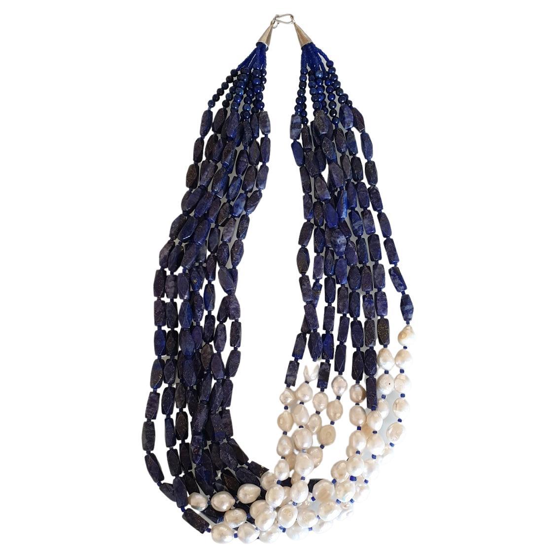 Vintage-Halskette aus Lapislazuli und Perlen, Frankreich 