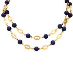 Vintage lapis lazuli bead 18k yellow gold chain necklace