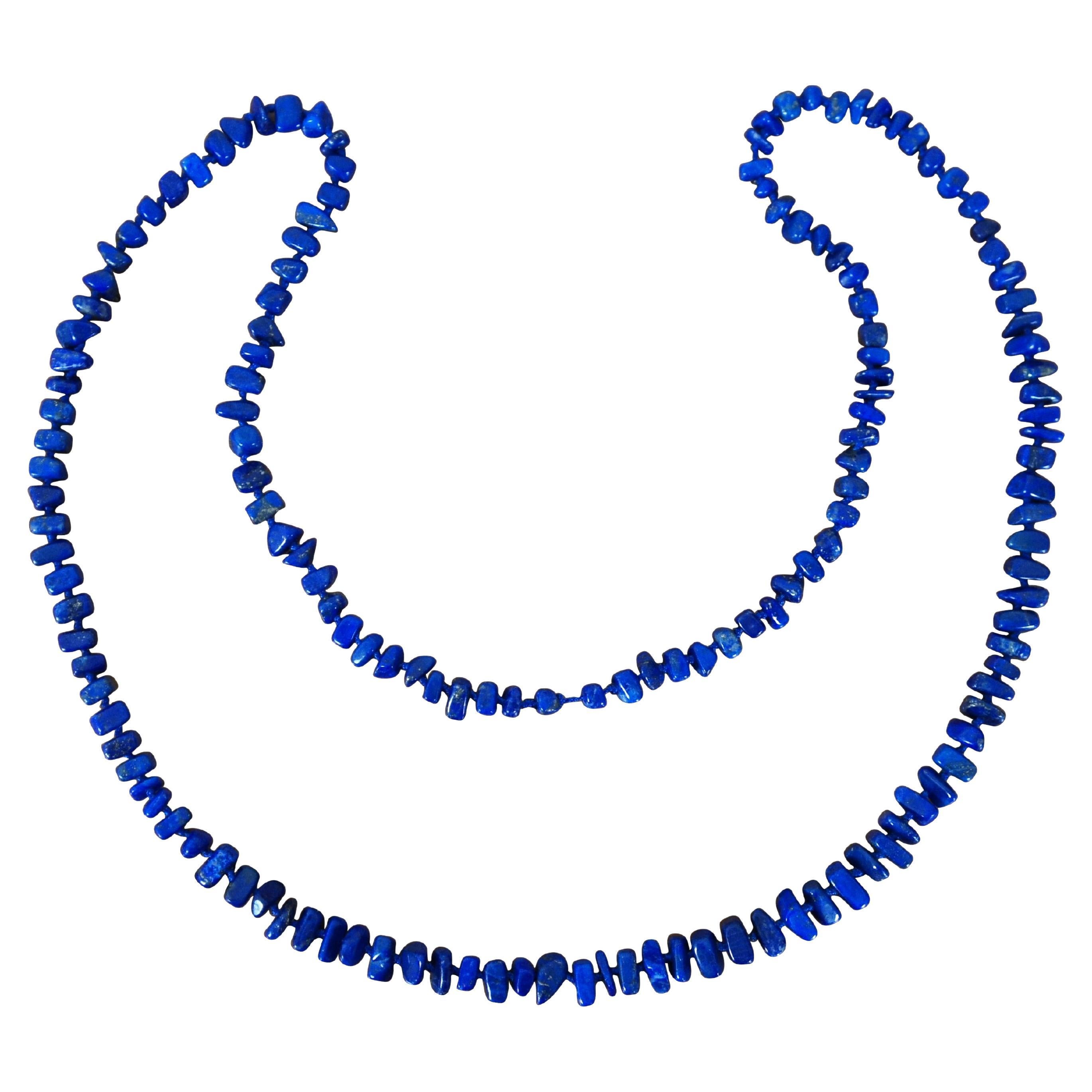 Vintage Lapis Lazuli Blue Beaded Stone Nugget Strand Necklace 33”