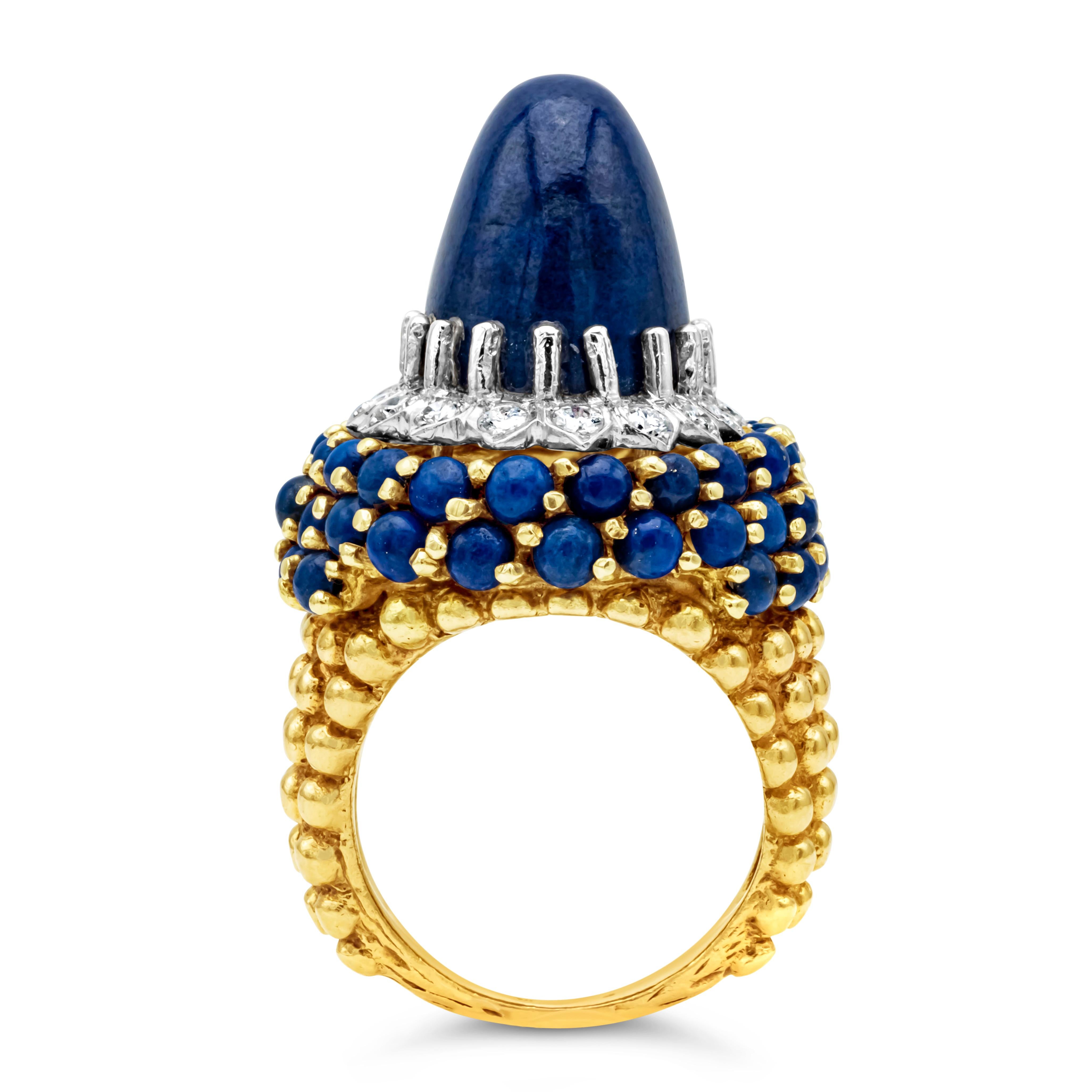 Round Cut Vintage Lapis Lazuli Blue Cabochon & Diamond High Dome Cocktail Ring For Sale