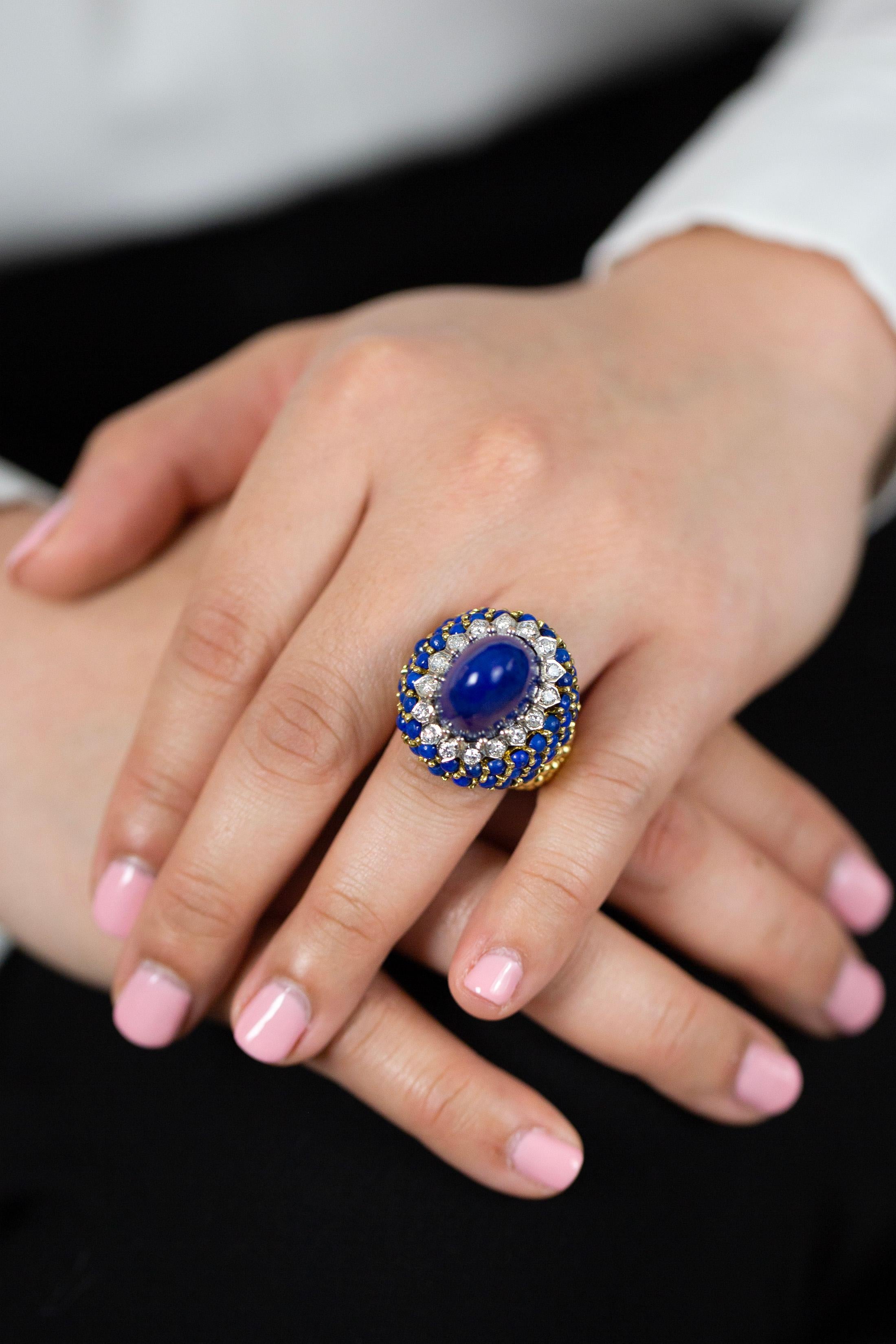 Vintage Lapis Lazuli Blue Cabochon & Diamond High Dome Cocktail Ring In Good Condition For Sale In New York, NY