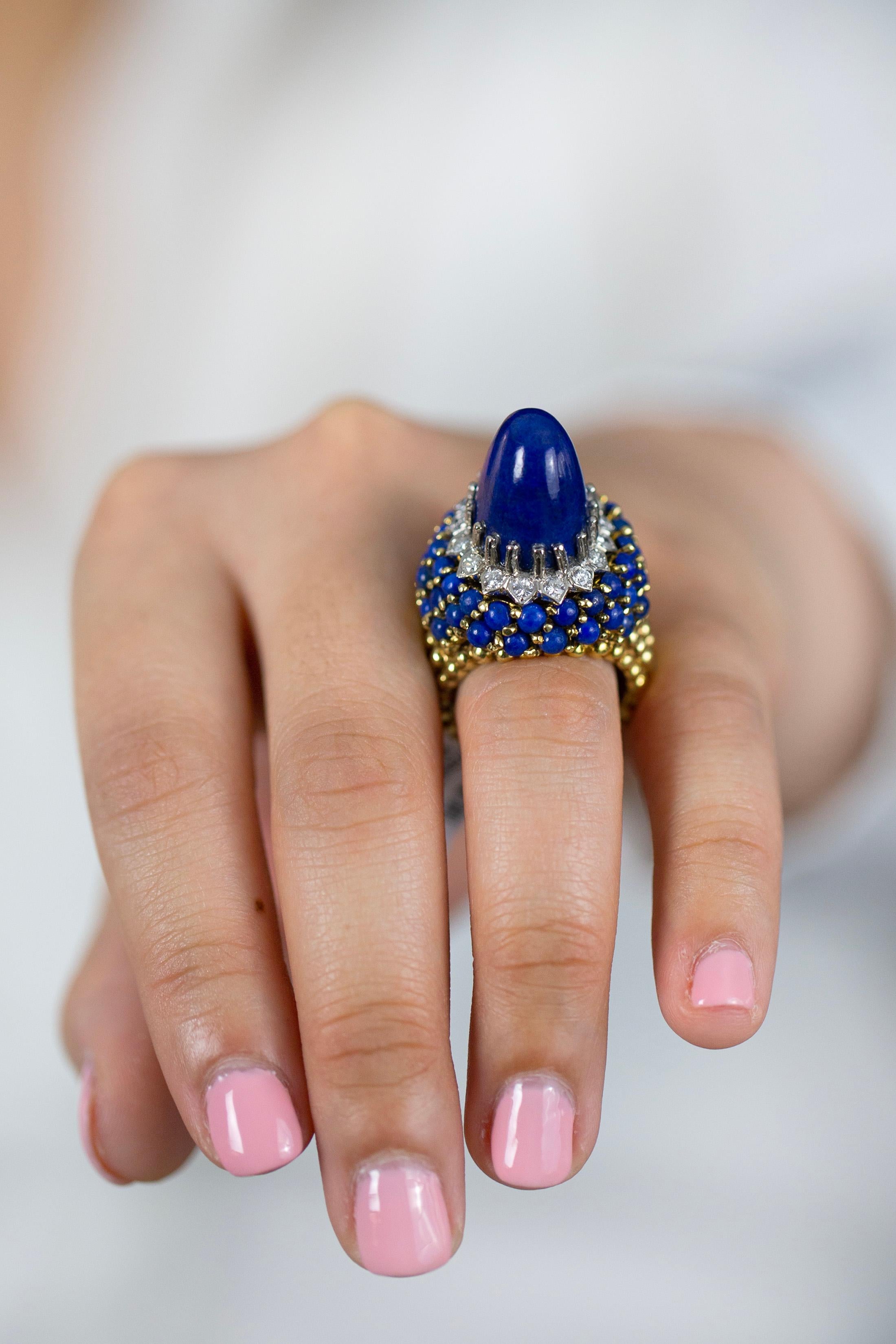 Women's Vintage Lapis Lazuli Blue Cabochon & Diamond High Dome Cocktail Ring For Sale