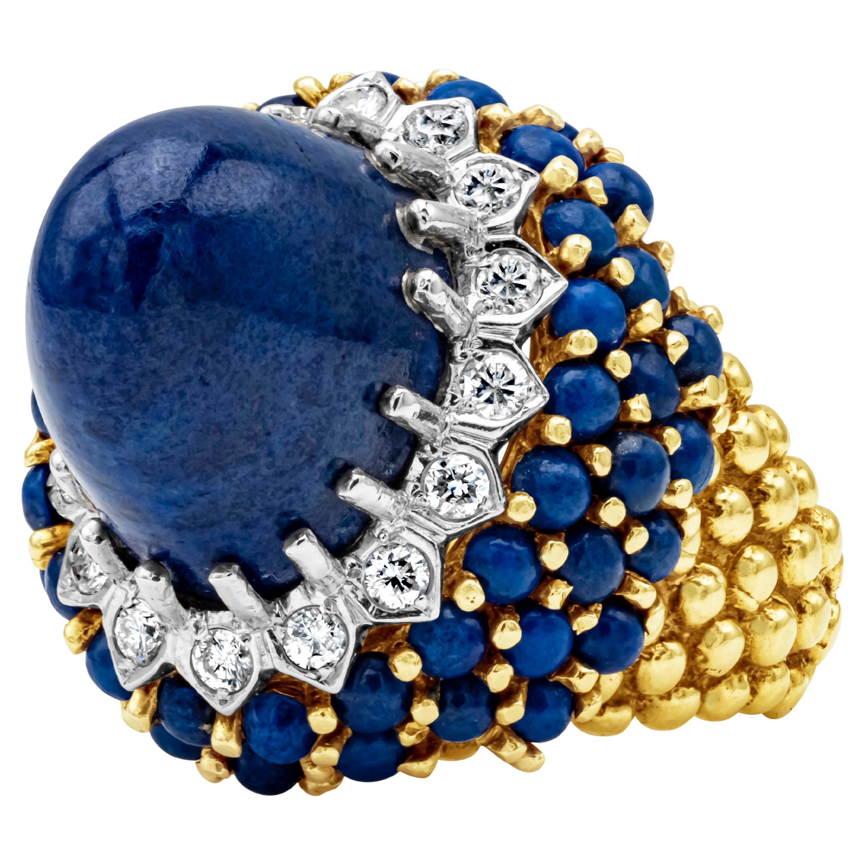 Vintage Lapis Lazuli Blue Cabochon & Diamond High Dome Cocktail Ring For Sale