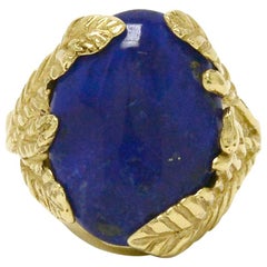 Vintage Lapis Lazuli Cocktail Ring Midcentury Ornate Leaves Royal Blue 14K Gold