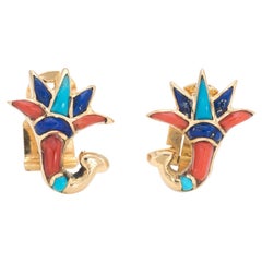 Vintage Lapis Lazuli Coral Turquoise Earrings 18 Karat Gold Estate Jewelry