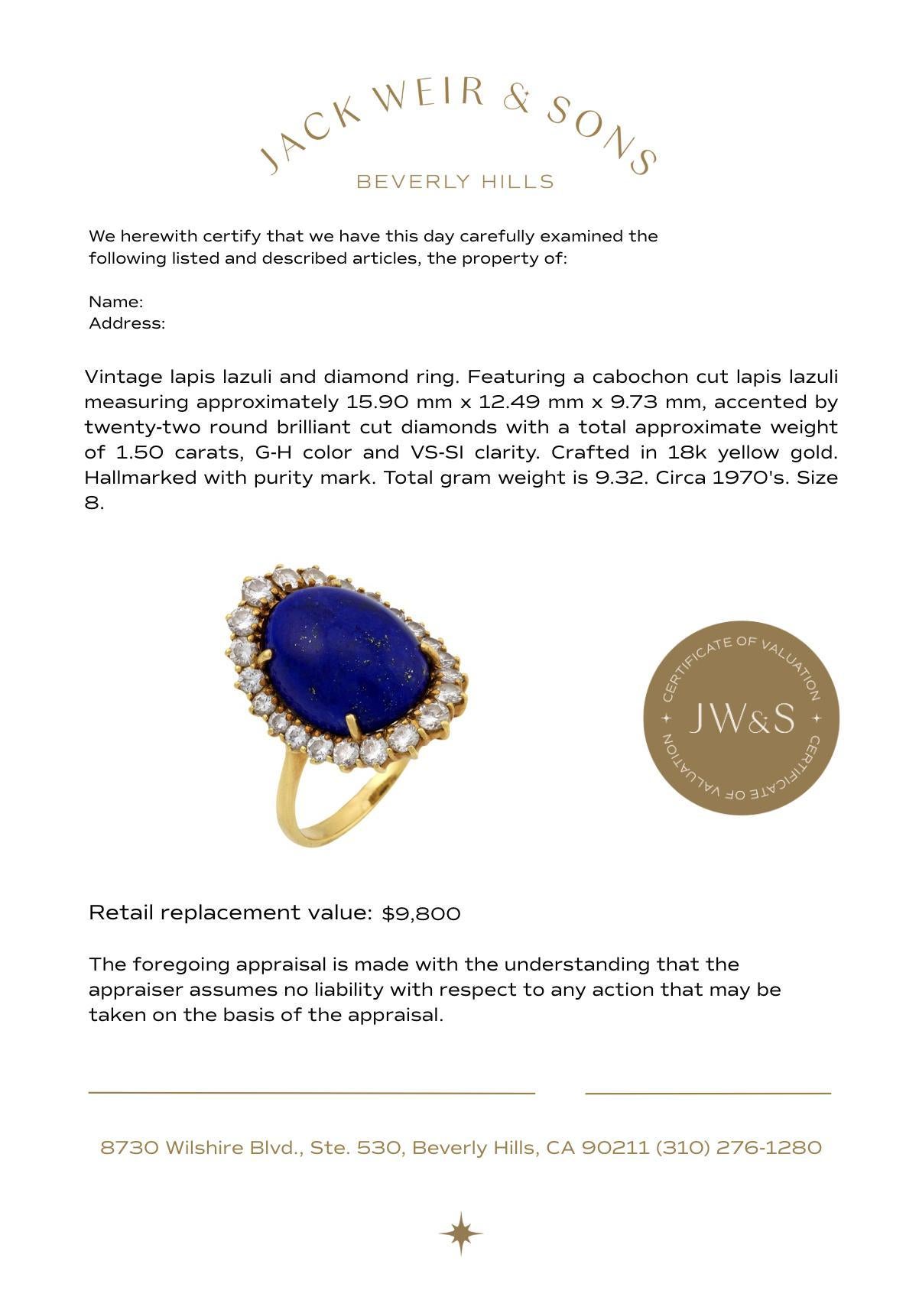 Anello cocktail vintage in lapislazzuli e diamanti in oro giallo 18 carati In condizioni buone in vendita a Beverly Hills, CA
